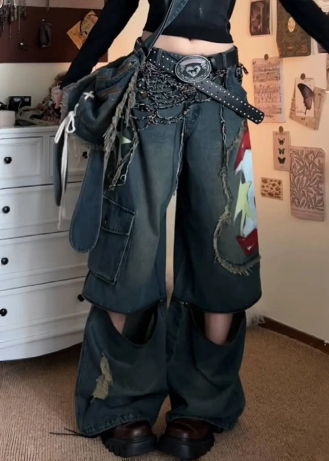 American Style Graffiti Denim Wide Leg Pants Fall WP031
