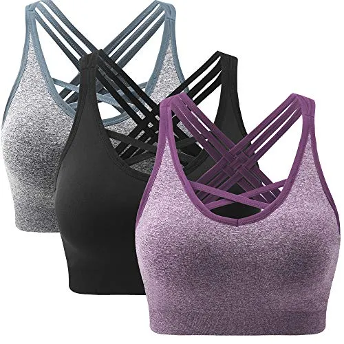 ANGOOL Padded Sports Bra Wirefree Mid Impact Yoga Bras Unique Cross Back Strappy for Gym Yoga