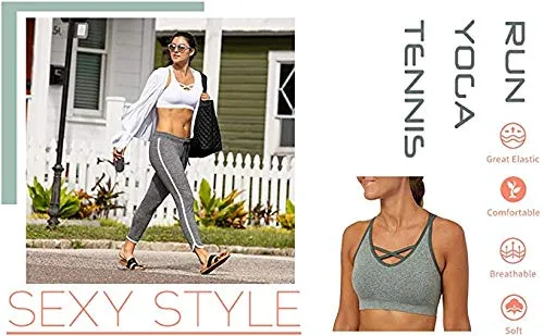 ANGOOL Padded Sports Bra Wirefree Mid Impact Yoga Bras Unique Cross Back Strappy for Gym Yoga
