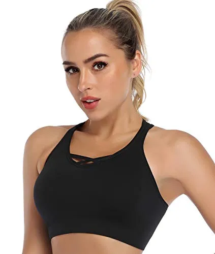 ANGOOL Padded Sports Bra Wirefree Mid Impact Yoga Bras Unique Cross Back Strappy for Gym Yoga