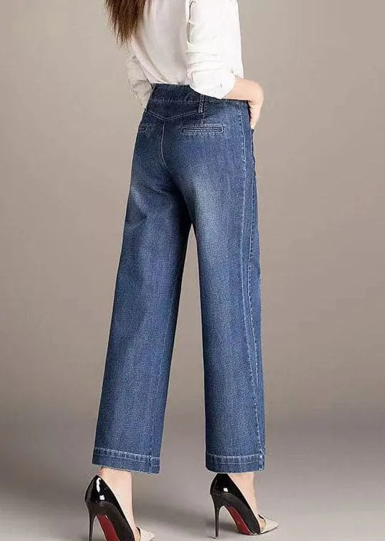 Beautiful Denim Blue High Waist Pockets Draping Cotton Straight Pants Summer