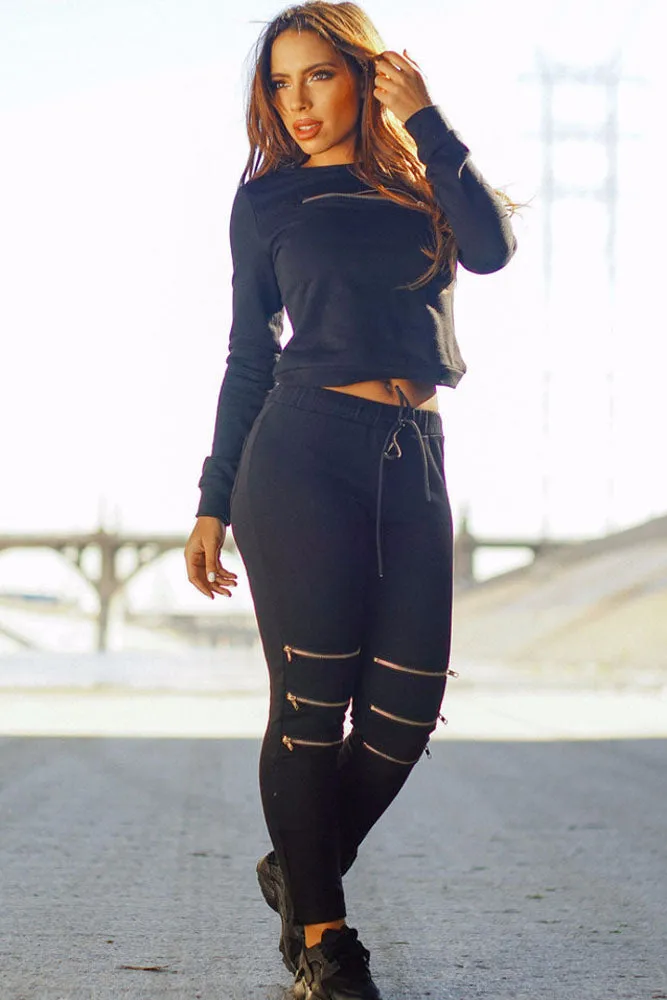 Black Fashion Sporty Zipped Pants Set