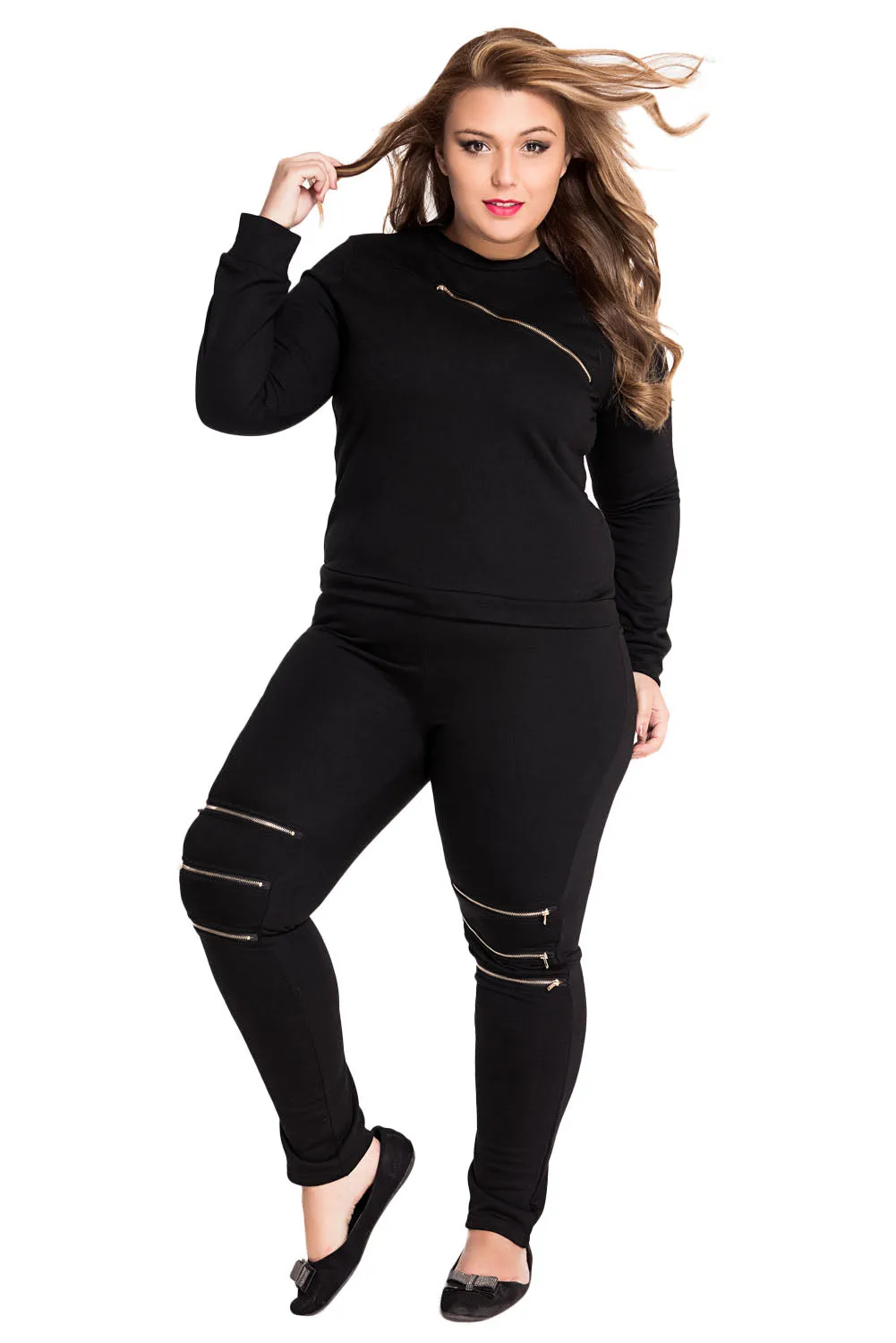 Black Fashion Sporty Zipped Pants Set