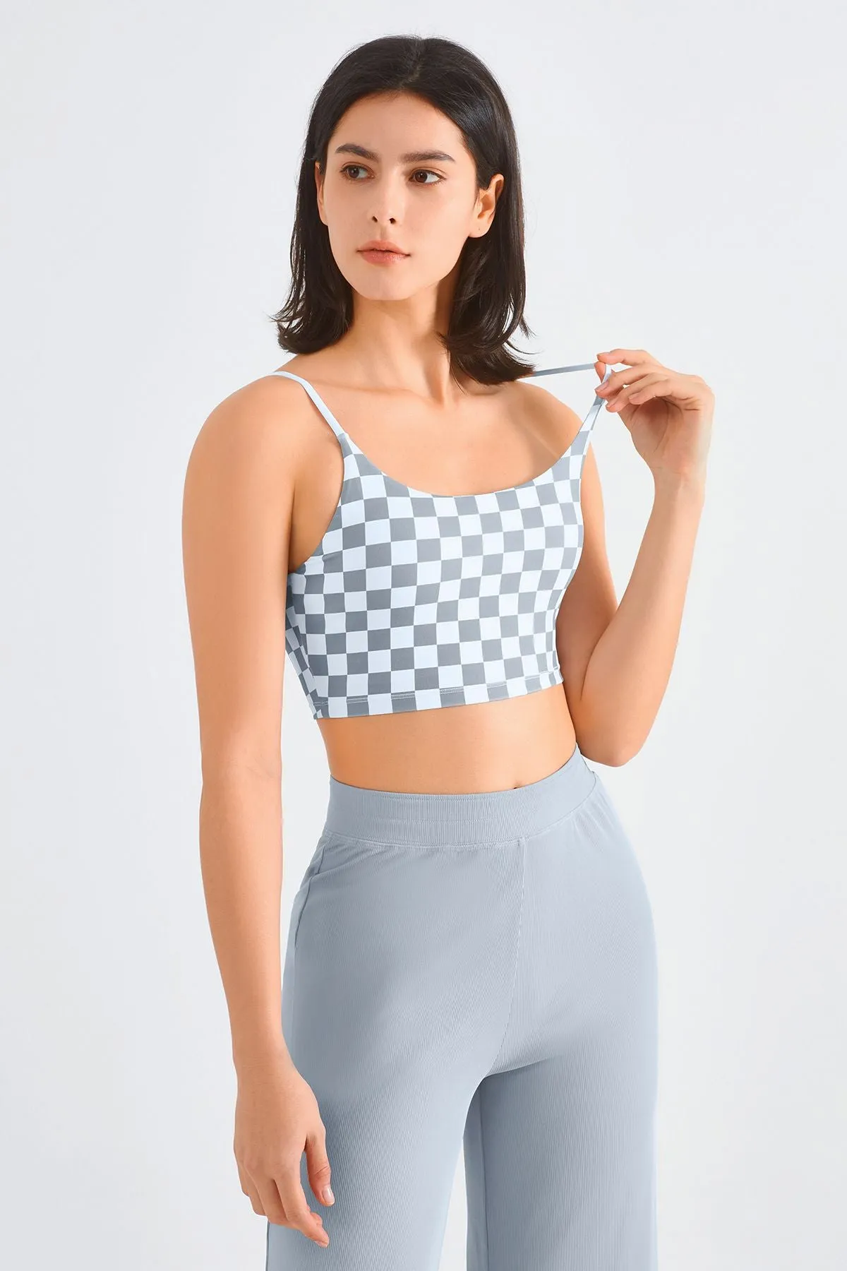 Checkerboard Spaghetti Straps Sports Bra