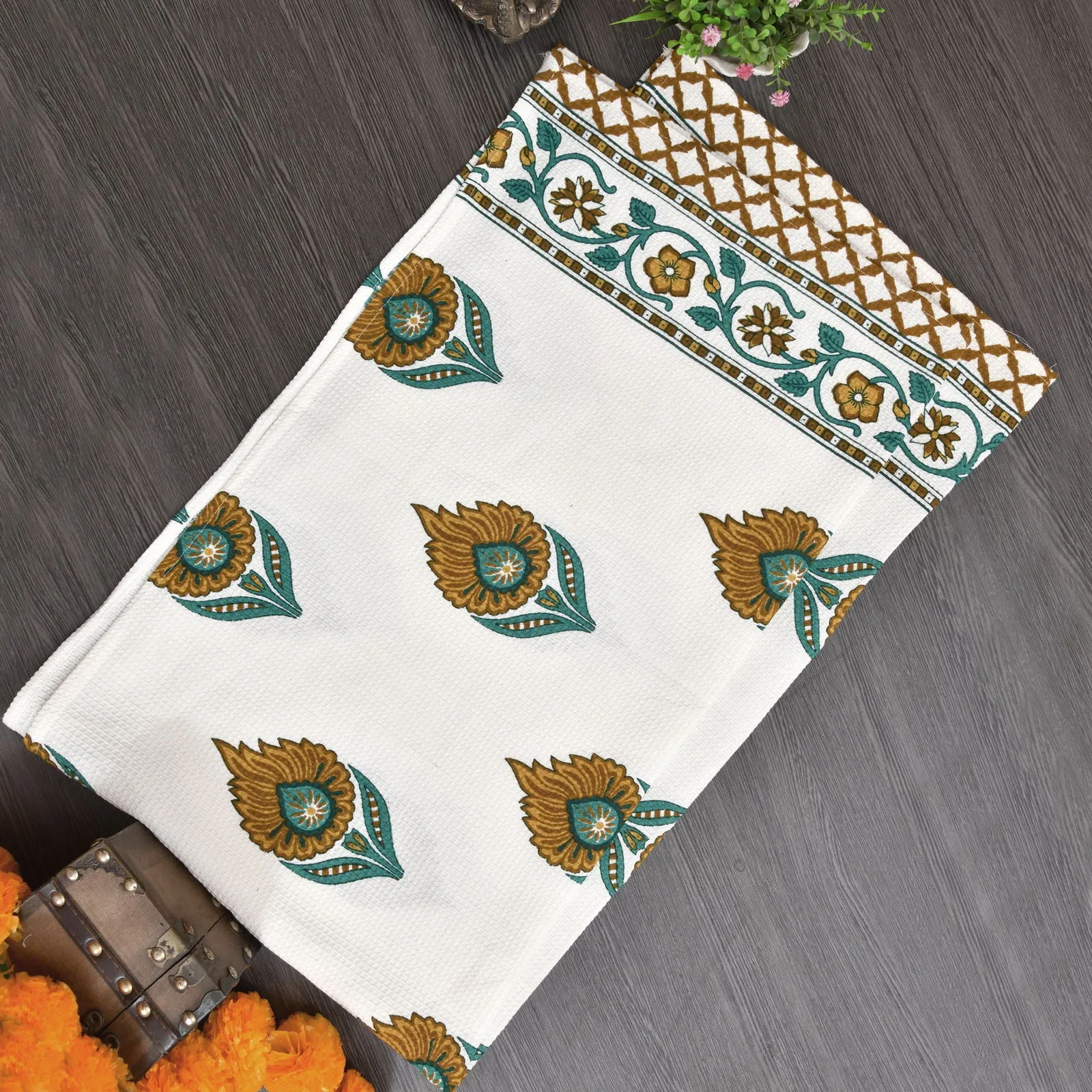 EasyGoods Cotton Hand Block Printed Soft Waffle Fabric Towel Set : 1 Bath Towel and 2 Hand Towel Mustard
