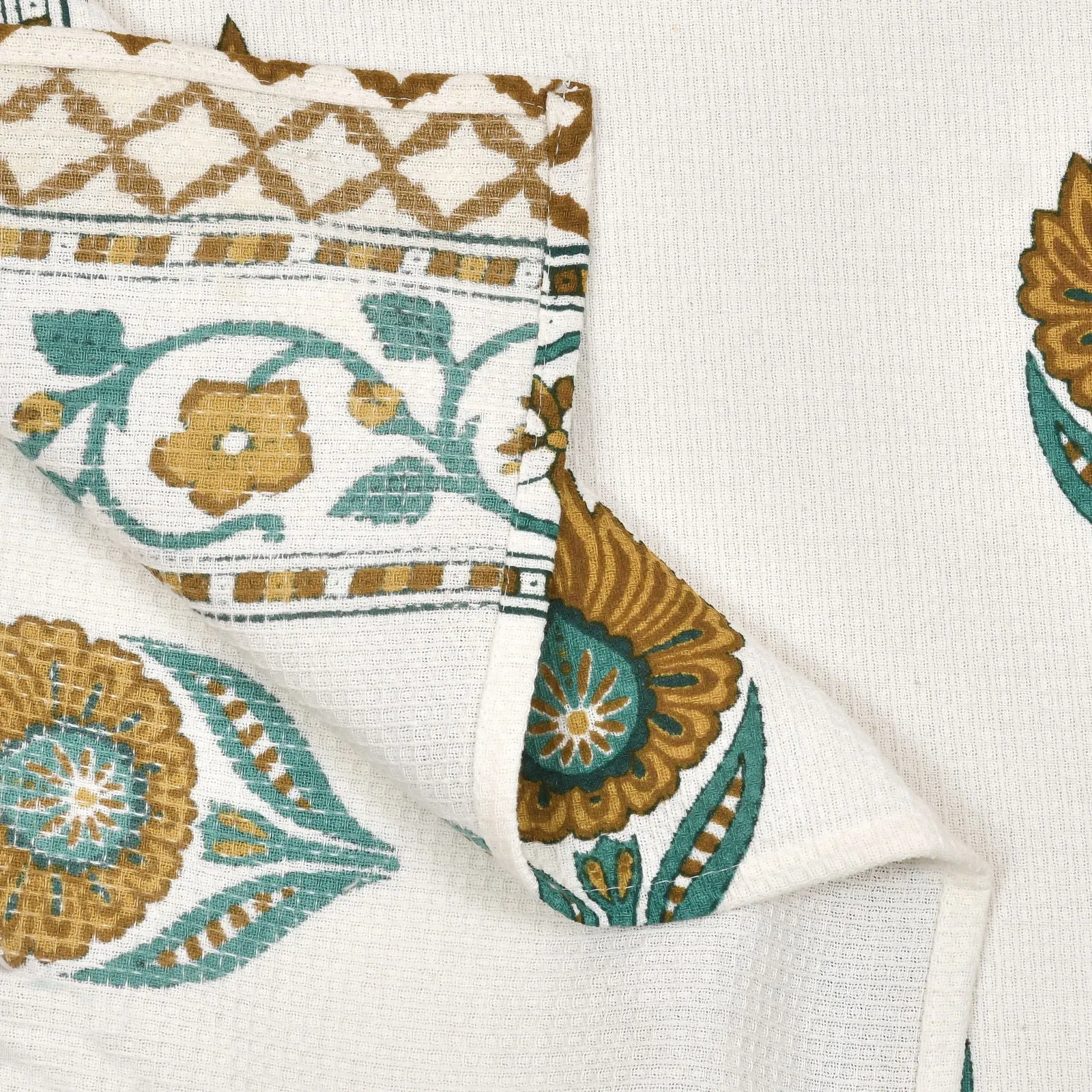 EasyGoods Cotton Hand Block Printed Soft Waffle Fabric Towel Set : 1 Bath Towel and 2 Hand Towel Mustard