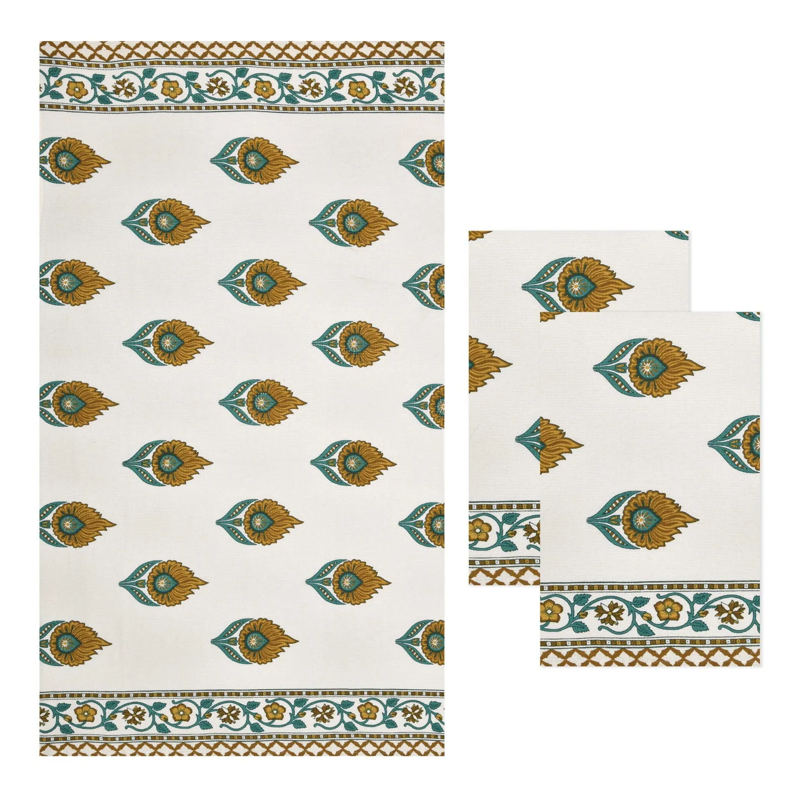 EasyGoods Cotton Hand Block Printed Soft Waffle Fabric Towel Set : 1 Bath Towel and 2 Hand Towel Mustard