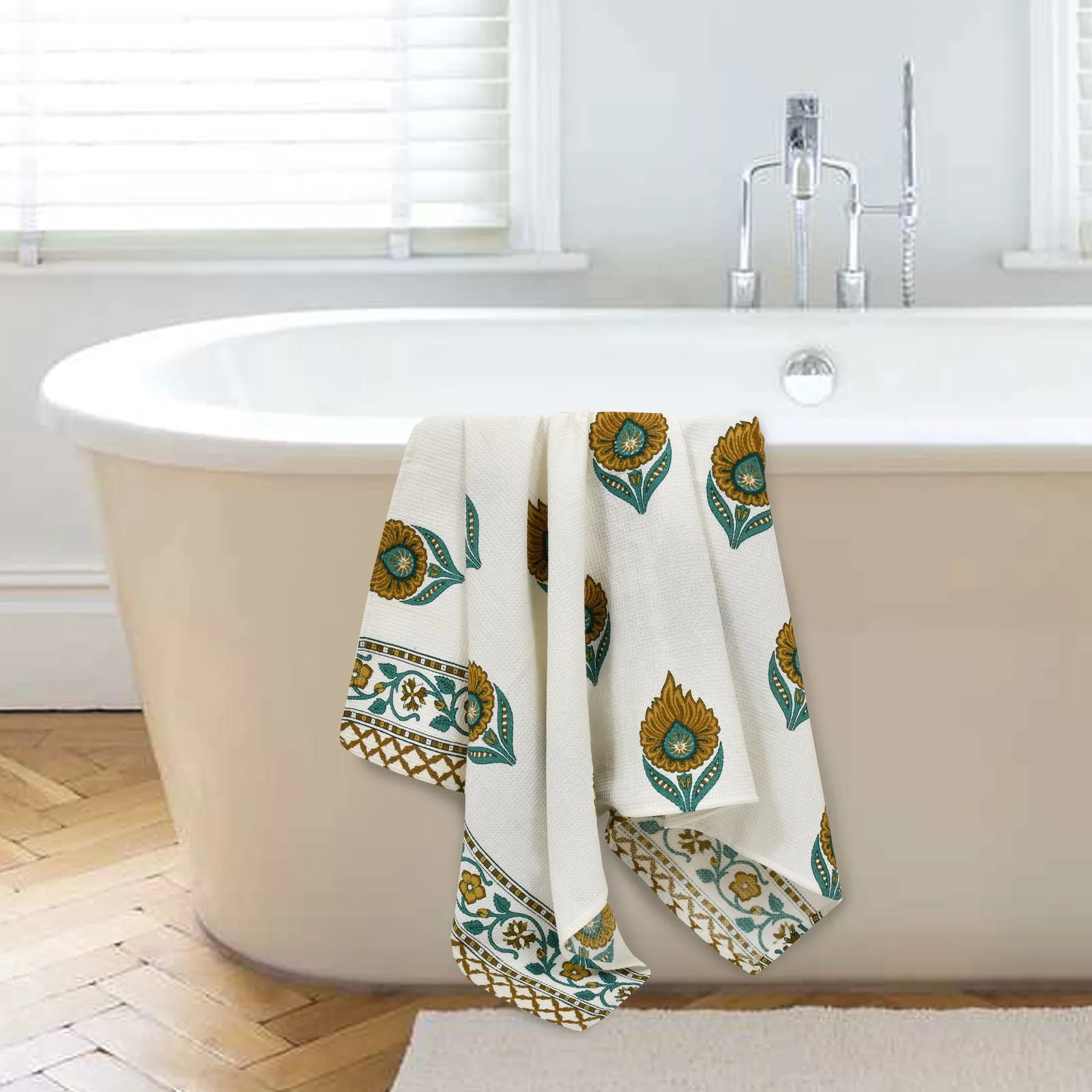 EasyGoods Cotton Hand Block Printed Soft Waffle Fabric Towel Set : 1 Bath Towel and 2 Hand Towel Mustard