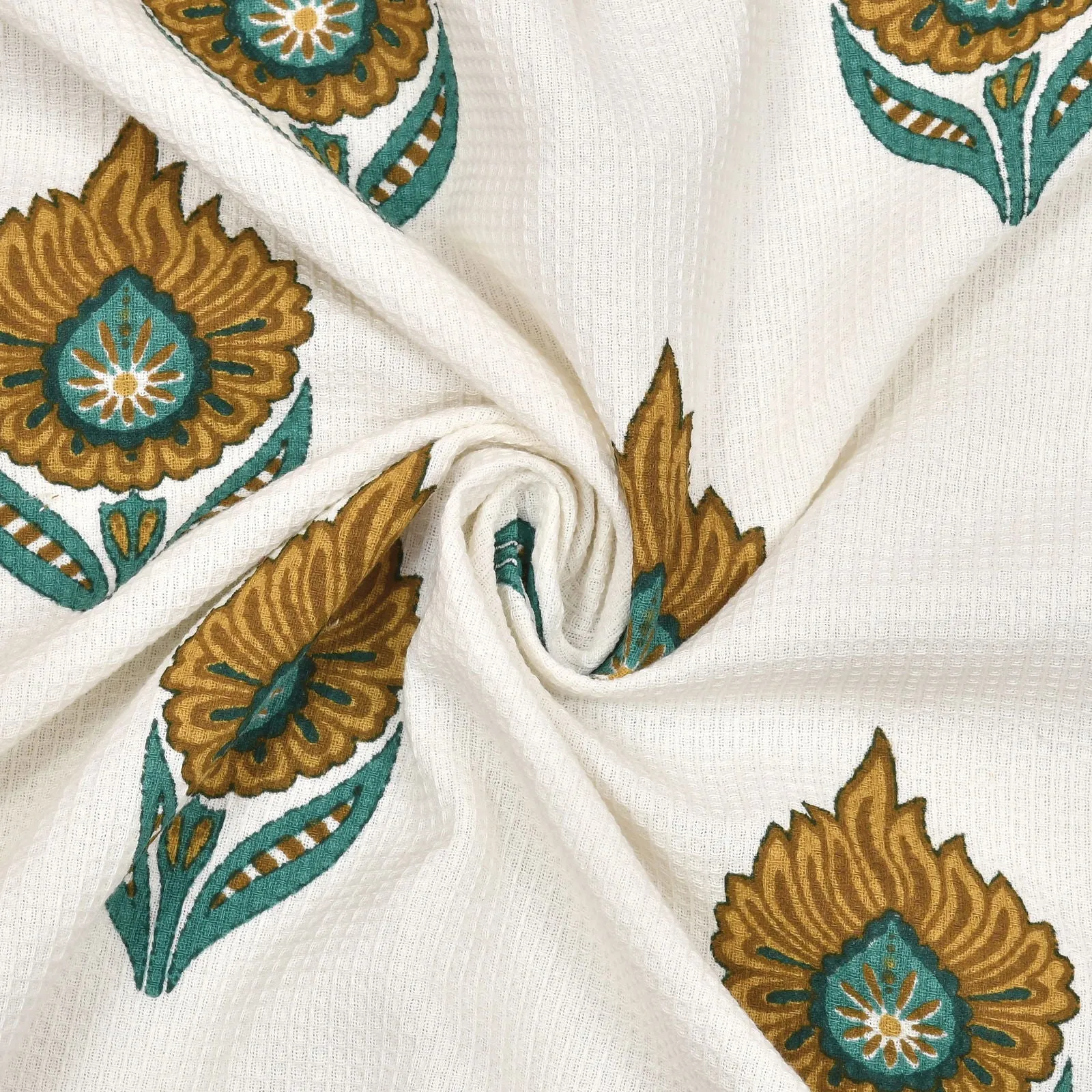 EasyGoods Cotton Hand Block Printed Soft Waffle Fabric Towel Set : 1 Bath Towel and 2 Hand Towel Mustard