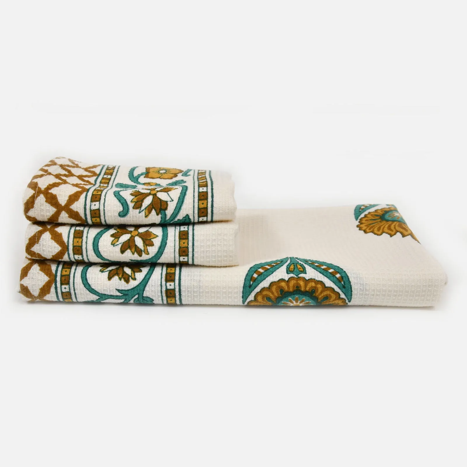 EasyGoods Cotton Hand Block Printed Soft Waffle Fabric Towel Set : 1 Bath Towel and 2 Hand Towel Mustard