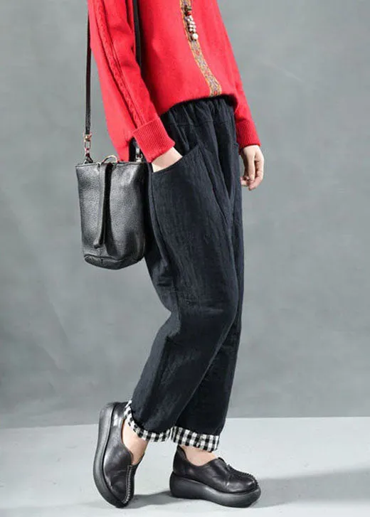 Fitted Black Pockets Fine Cotton Filled Pants Winter