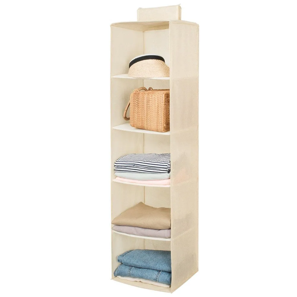 Hanging Closet Organizer,Sweater & sock Organizer with a Hook and Loops,Collapsible Storage Shelves for Clothes, pants and Shoes (Beige-5 Shelf)