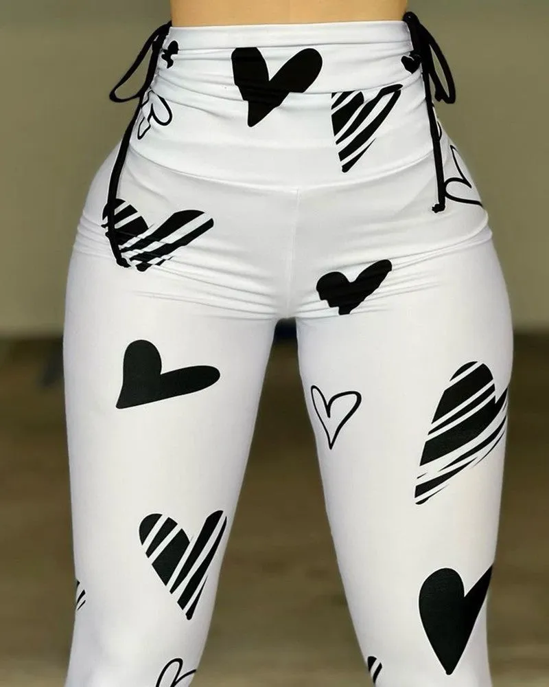 Heart Print Drawstring Scrunch High Waist Skinny Active Pants