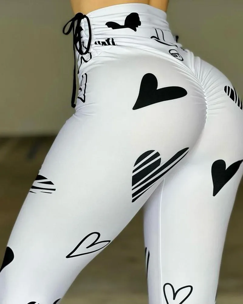Heart Print Drawstring Scrunch High Waist Skinny Active Pants