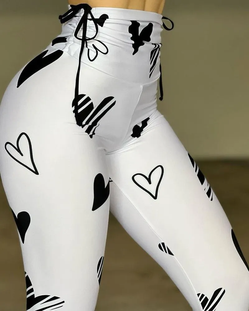 Heart Print Drawstring Scrunch High Waist Skinny Active Pants