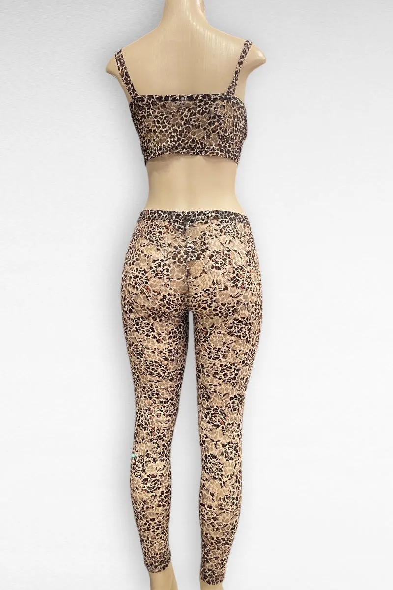 Leopard Lace Mesh Bustier Top with Pants Set