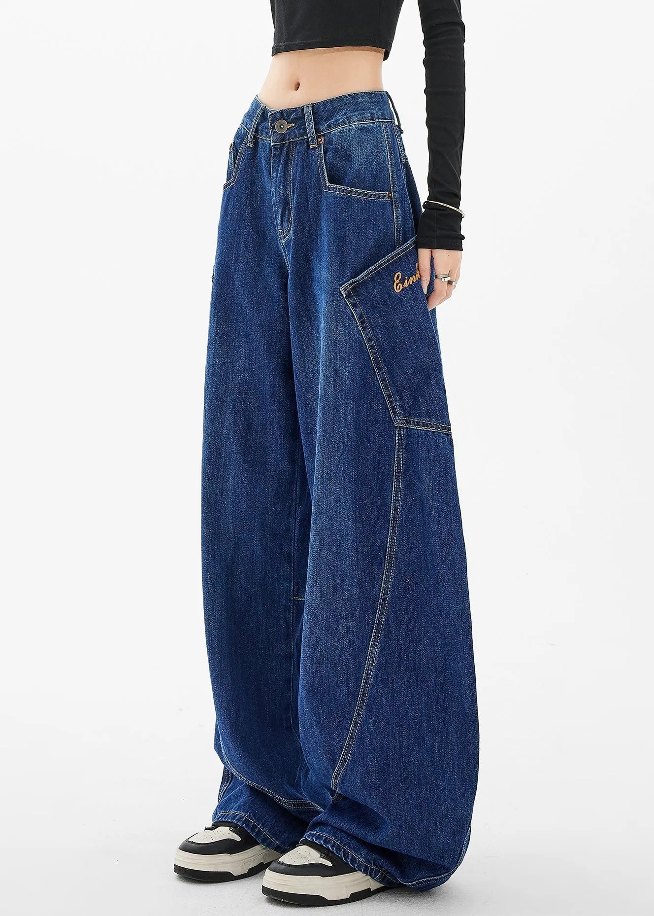 Loose Navy Pockets Wide Leg Denim Pants Spring TA058