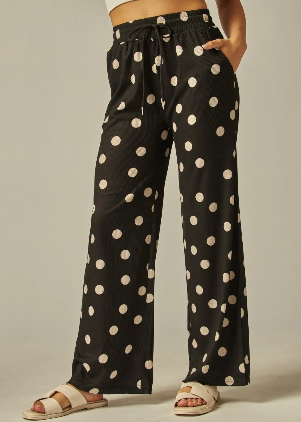 MAXI BLACK/WHITE POLKA DOTS RIBBED STRETCHY PANTS