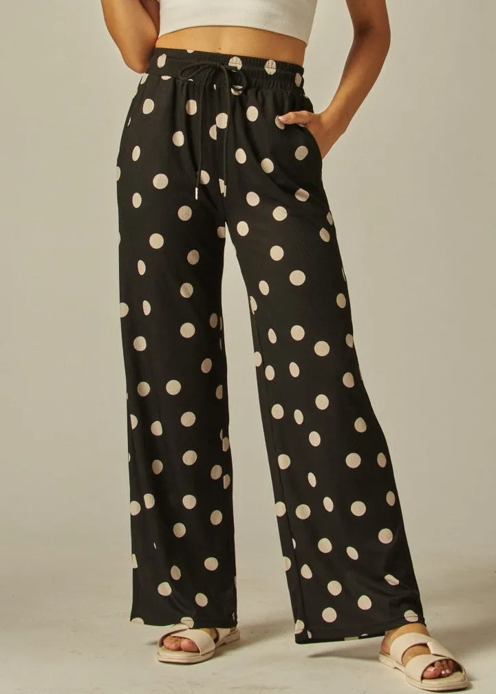 MAXI BLACK/WHITE POLKA DOTS RIBBED STRETCHY PANTS