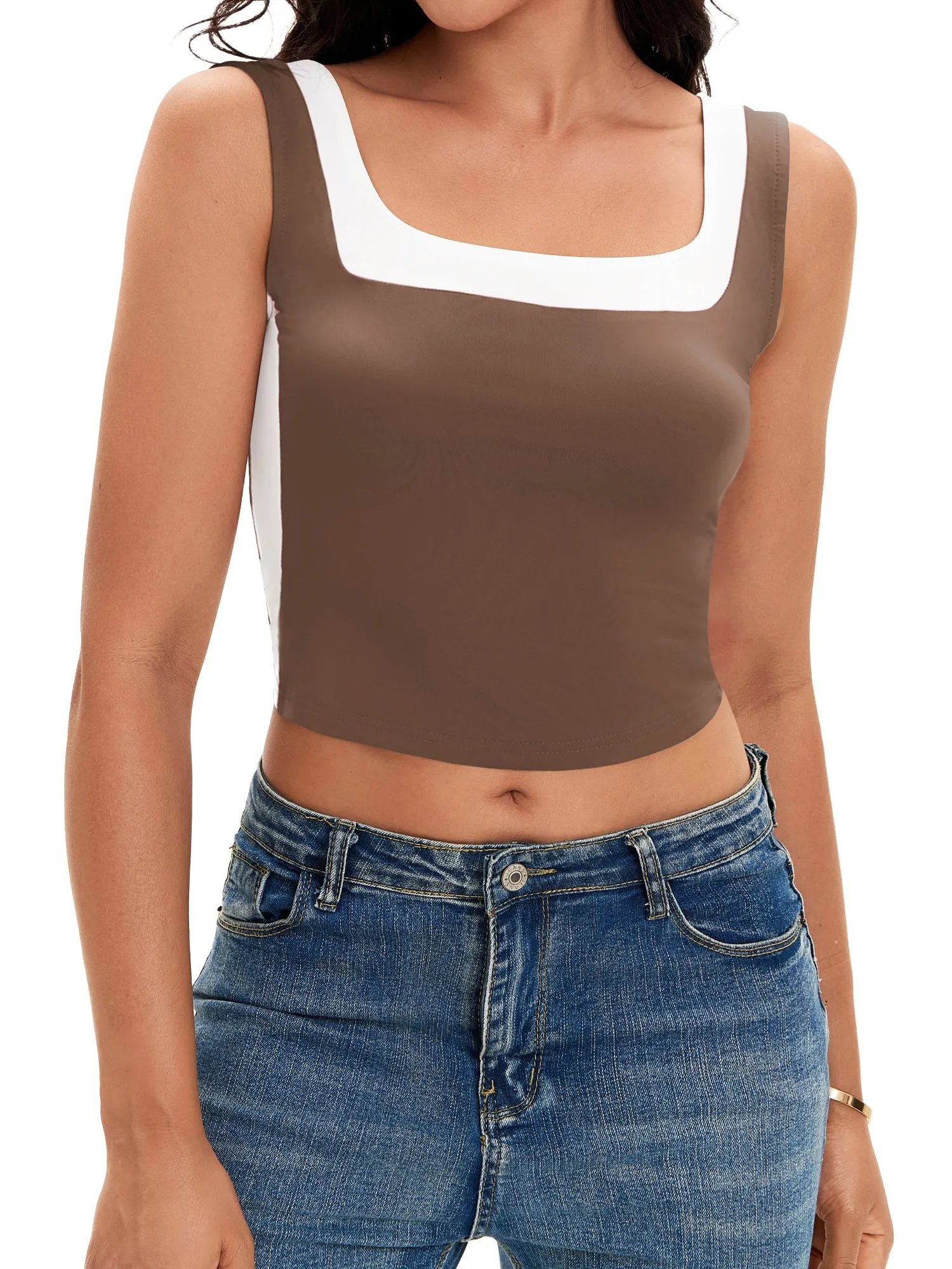 Onfers Color Block Tank for Women Sleeveless Square Neck Crop Tops Going Out Slim Fit Shirts