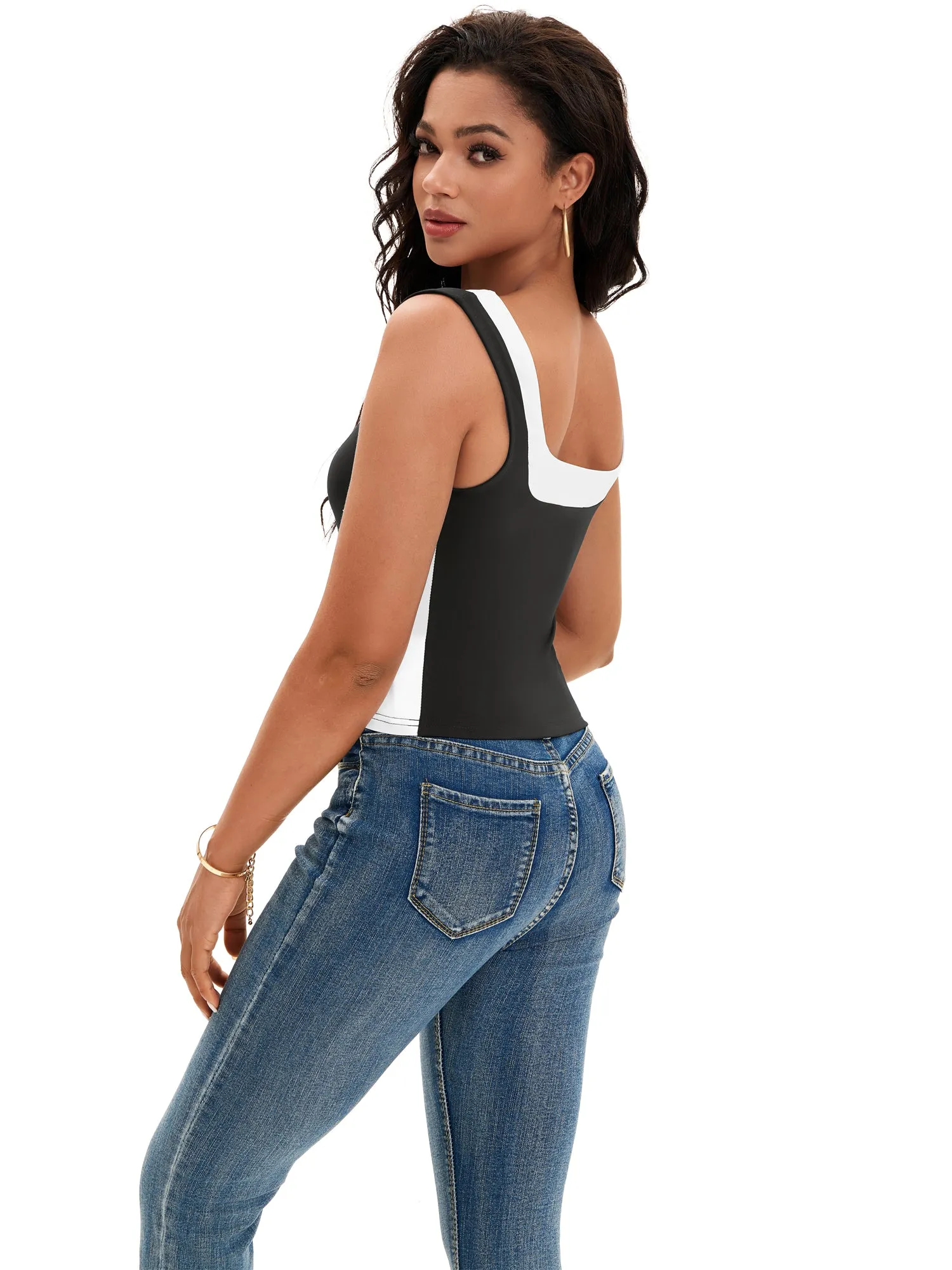 Onfers Color Block Tank for Women Sleeveless Square Neck Crop Tops Going Out Slim Fit Shirts