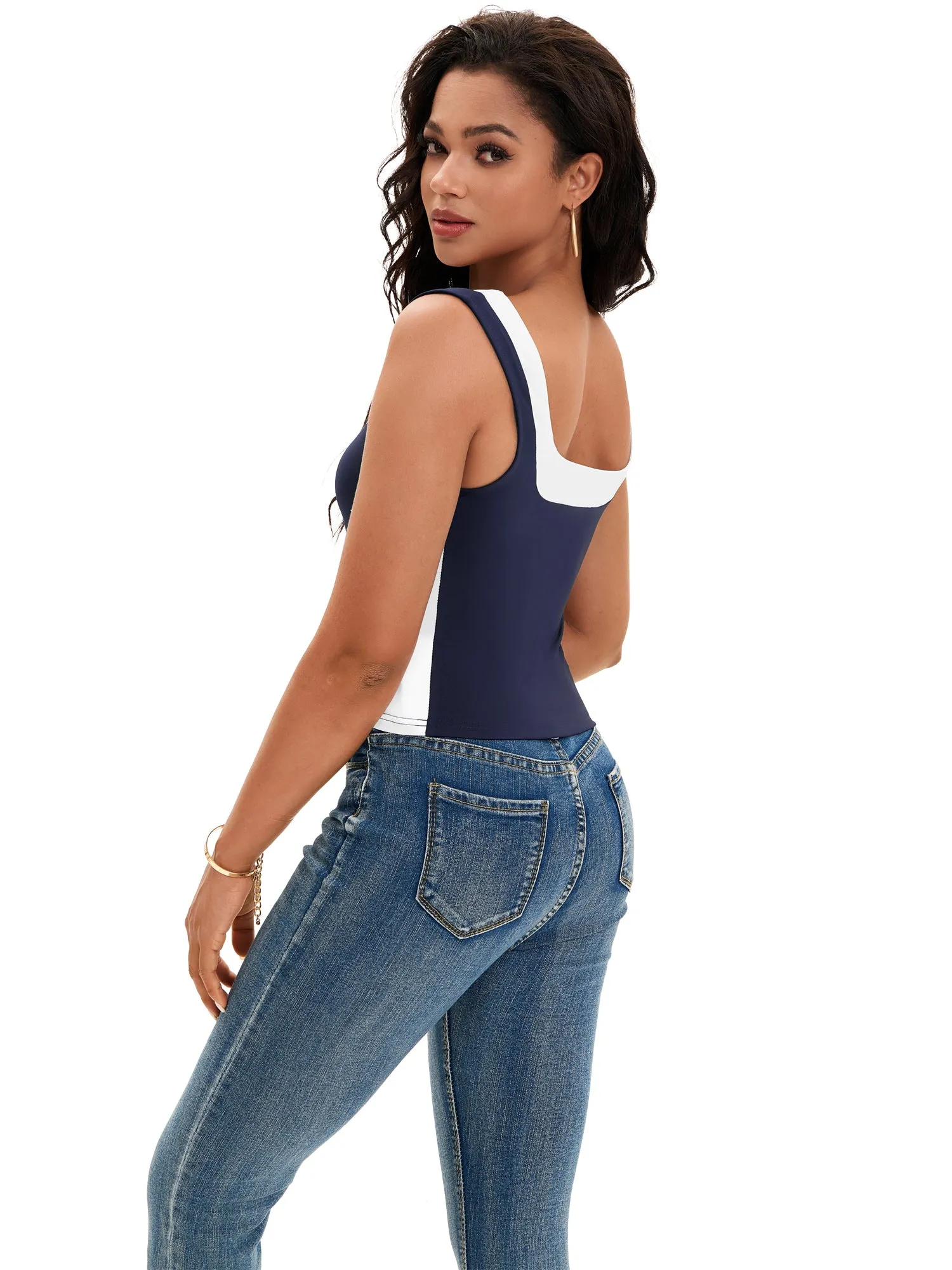 Onfers Color Block Tank for Women Sleeveless Square Neck Crop Tops Going Out Slim Fit Shirts