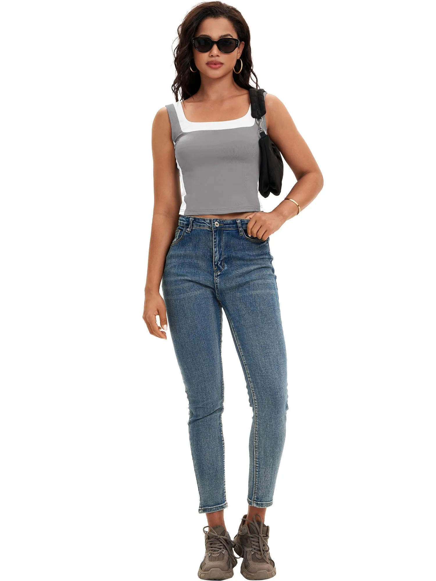 Onfers Color Block Tank for Women Sleeveless Square Neck Crop Tops Going Out Slim Fit Shirts