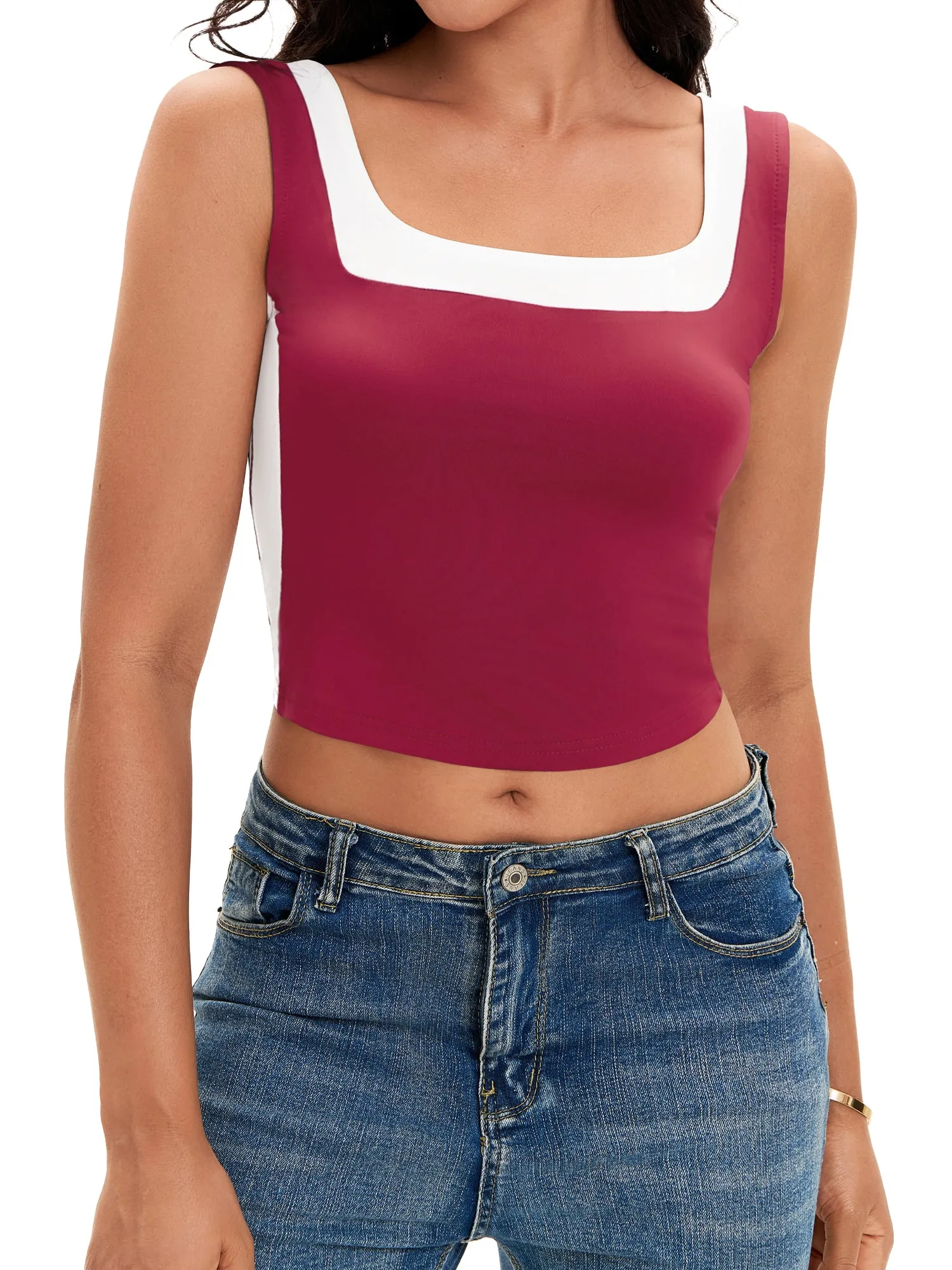 Onfers Color Block Tank for Women Sleeveless Square Neck Crop Tops Going Out Slim Fit Shirts