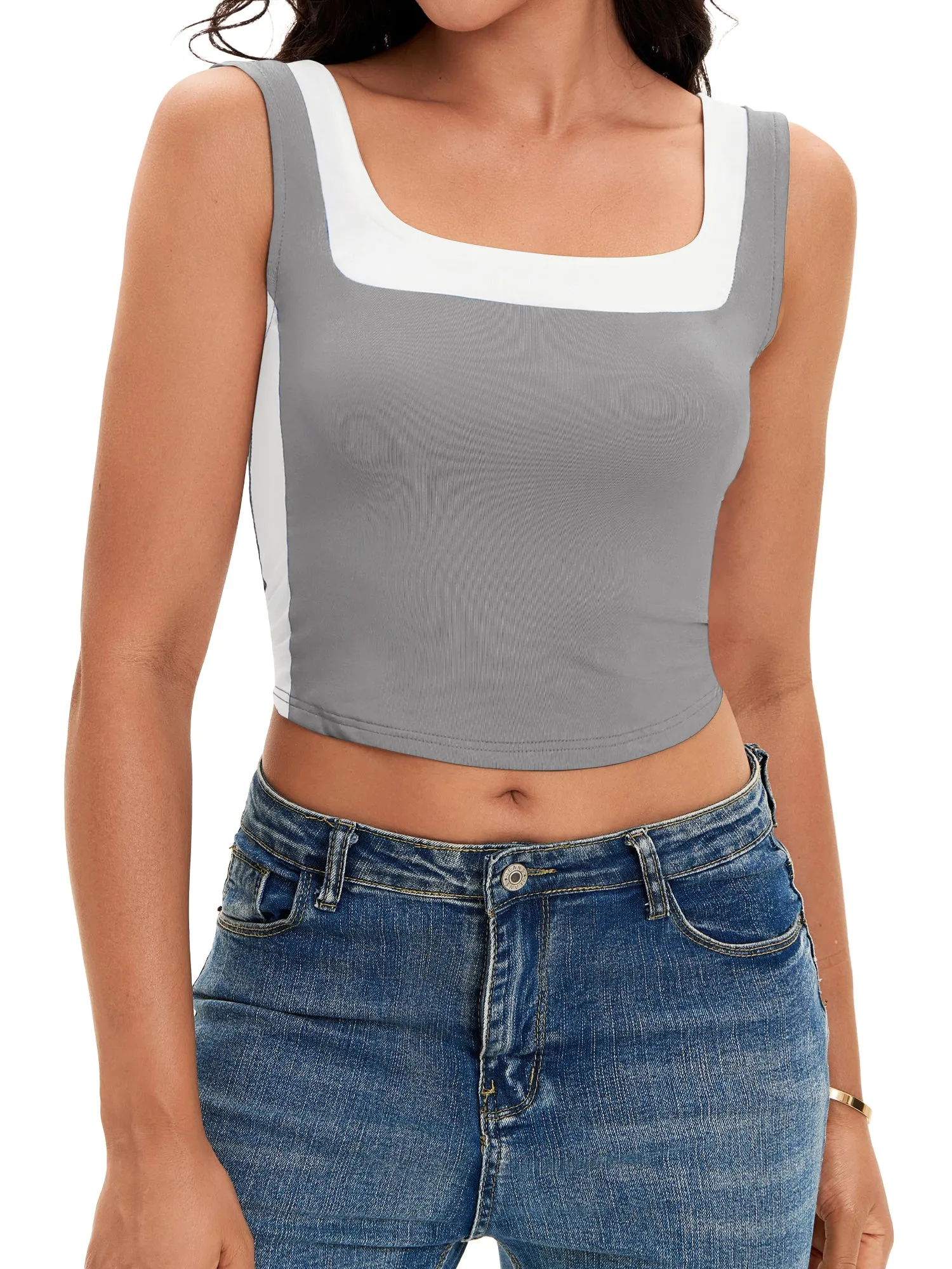 Onfers Color Block Tank for Women Sleeveless Square Neck Crop Tops Going Out Slim Fit Shirts