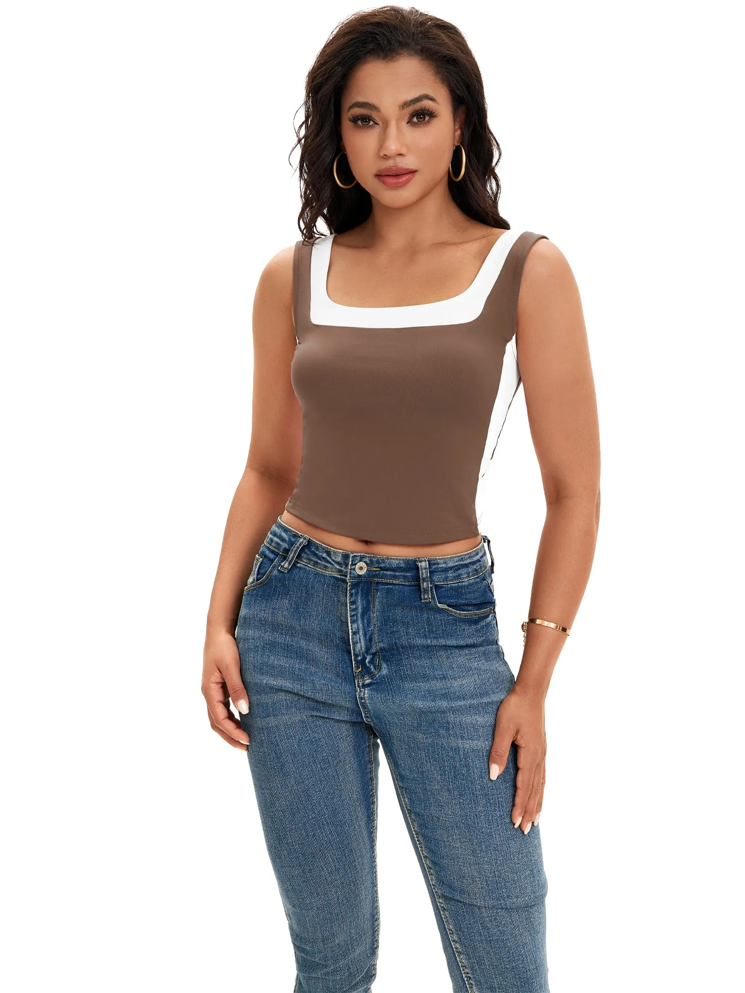 Onfers Color Block Tank for Women Sleeveless Square Neck Crop Tops Going Out Slim Fit Shirts