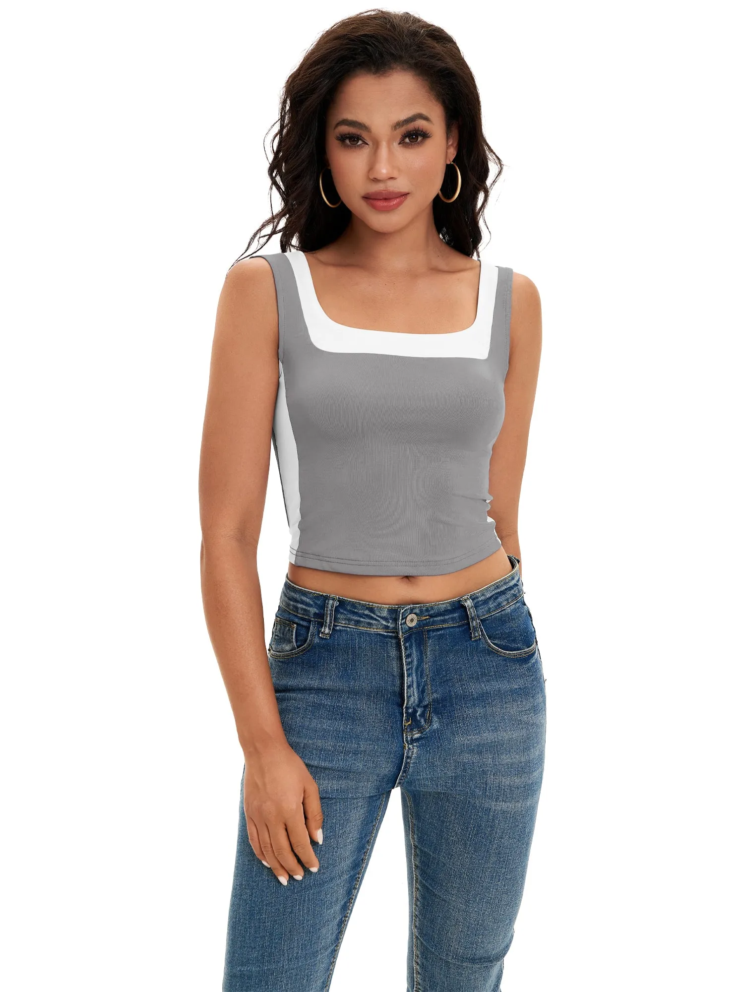 Onfers Color Block Tank for Women Sleeveless Square Neck Crop Tops Going Out Slim Fit Shirts