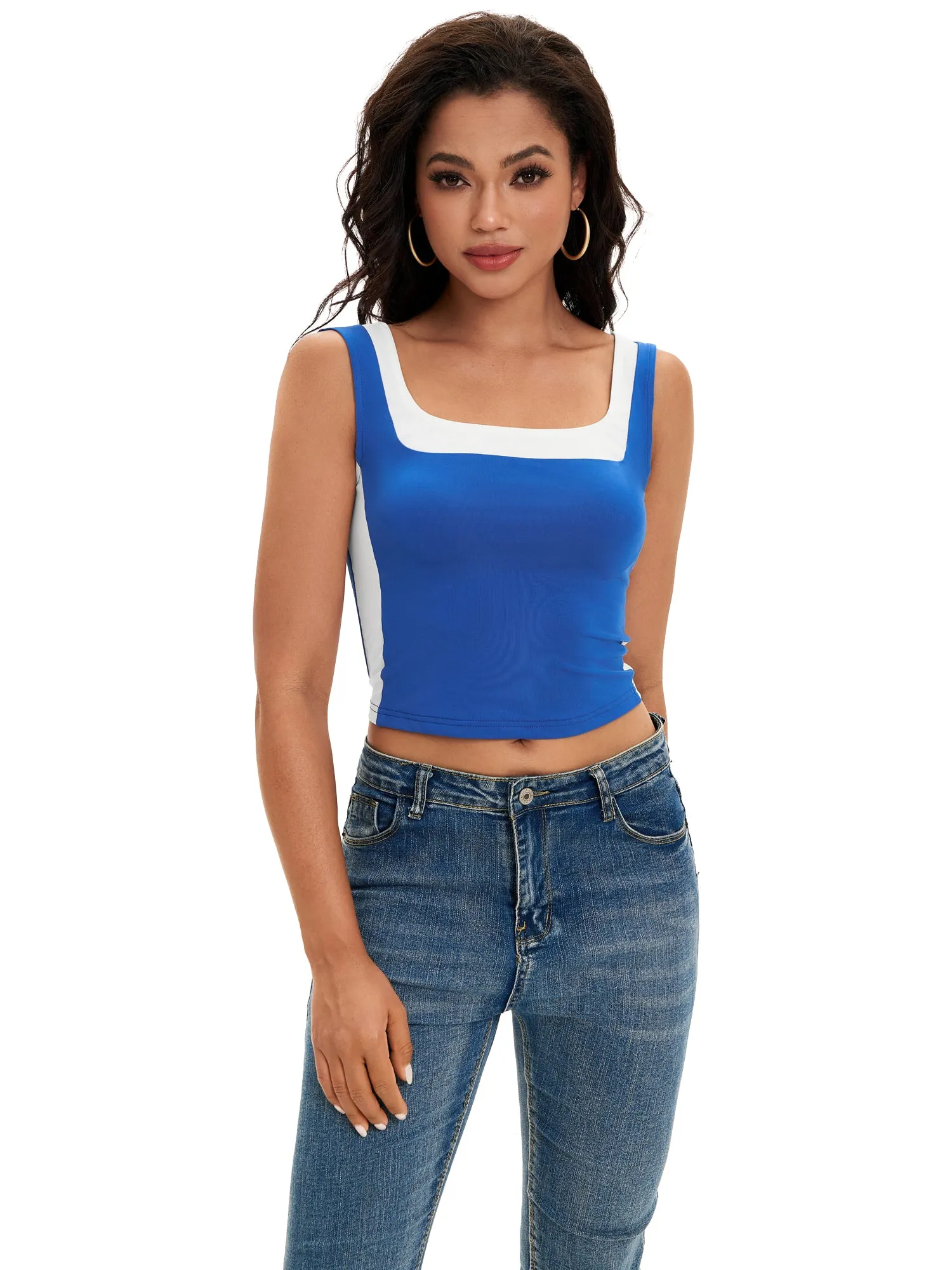 Onfers Color Block Tank for Women Sleeveless Square Neck Crop Tops Going Out Slim Fit Shirts