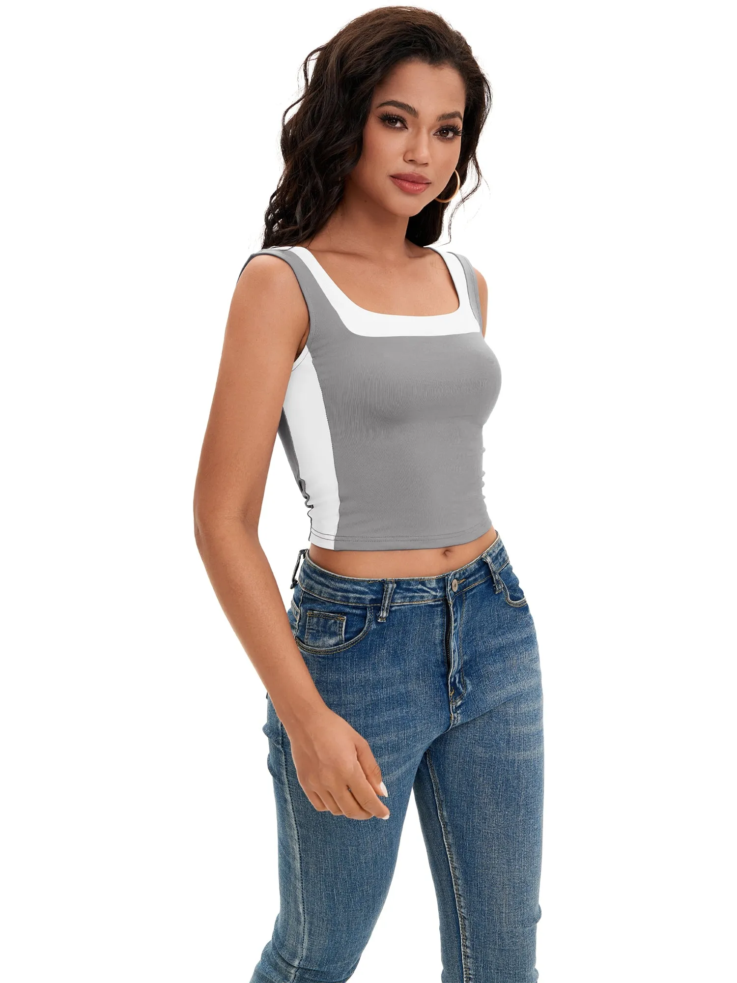 Onfers Color Block Tank for Women Sleeveless Square Neck Crop Tops Going Out Slim Fit Shirts