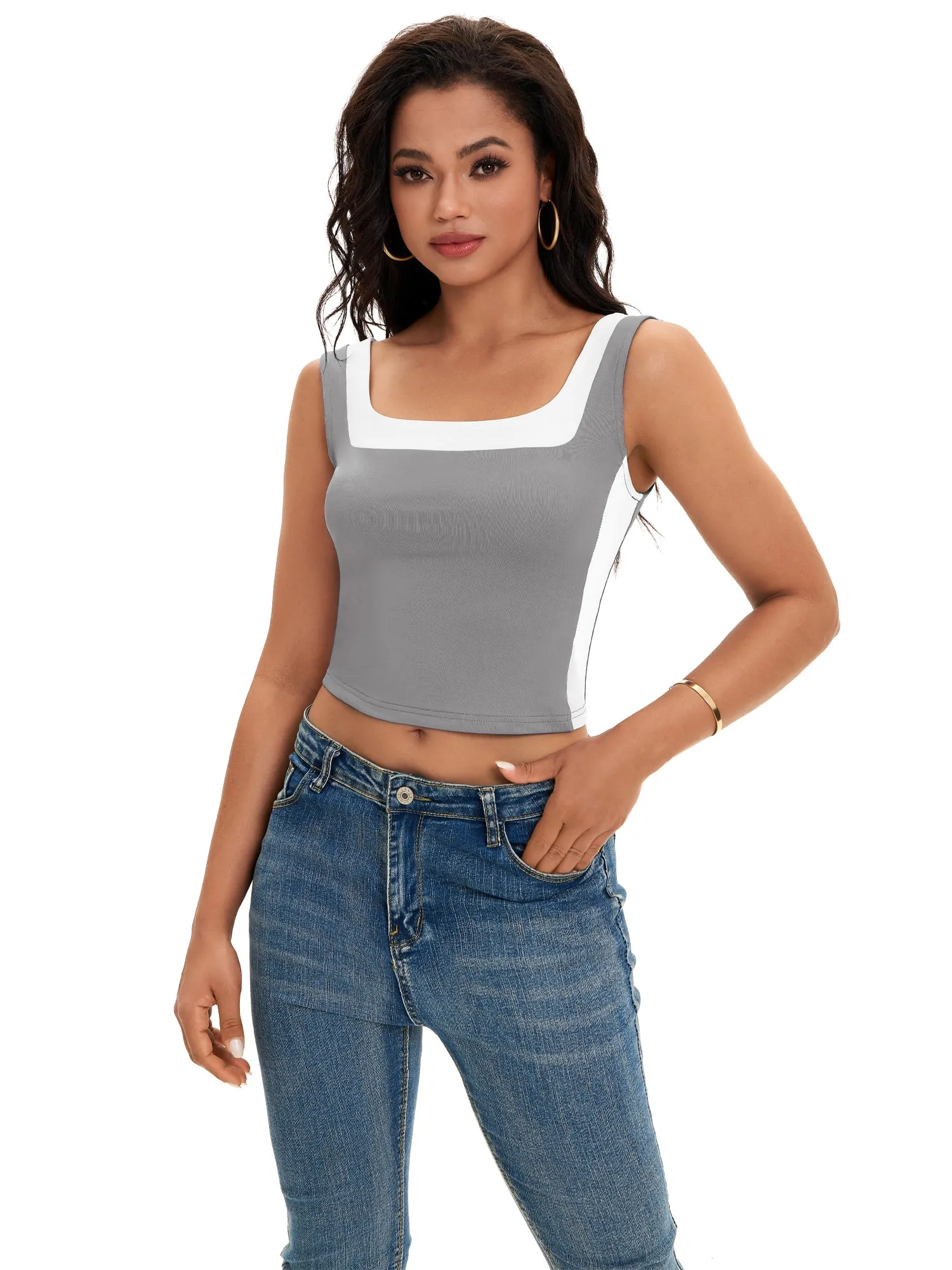 Onfers Color Block Tank for Women Sleeveless Square Neck Crop Tops Going Out Slim Fit Shirts