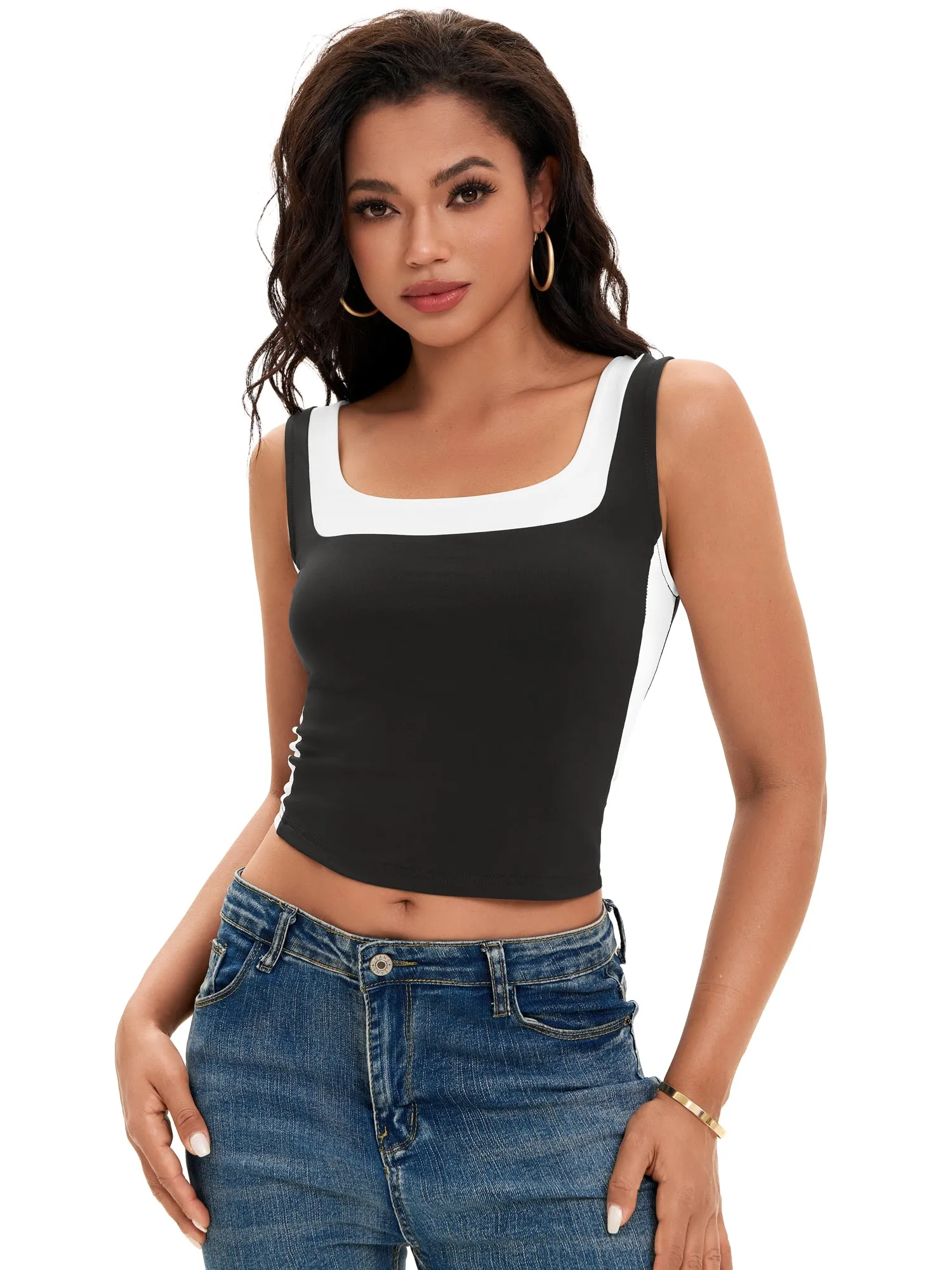 Onfers Color Block Tank for Women Sleeveless Square Neck Crop Tops Going Out Slim Fit Shirts