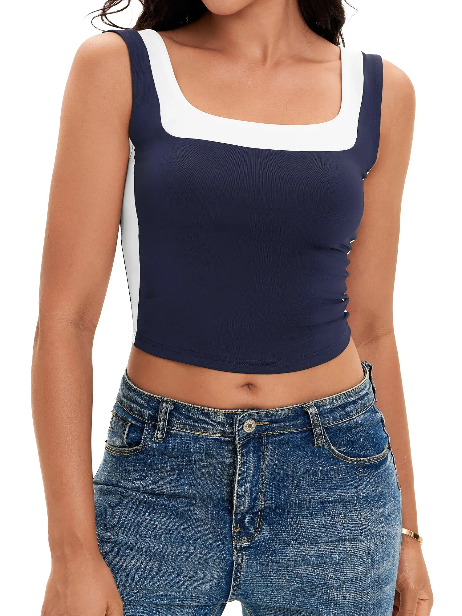 Onfers Color Block Tank for Women Sleeveless Square Neck Crop Tops Going Out Slim Fit Shirts