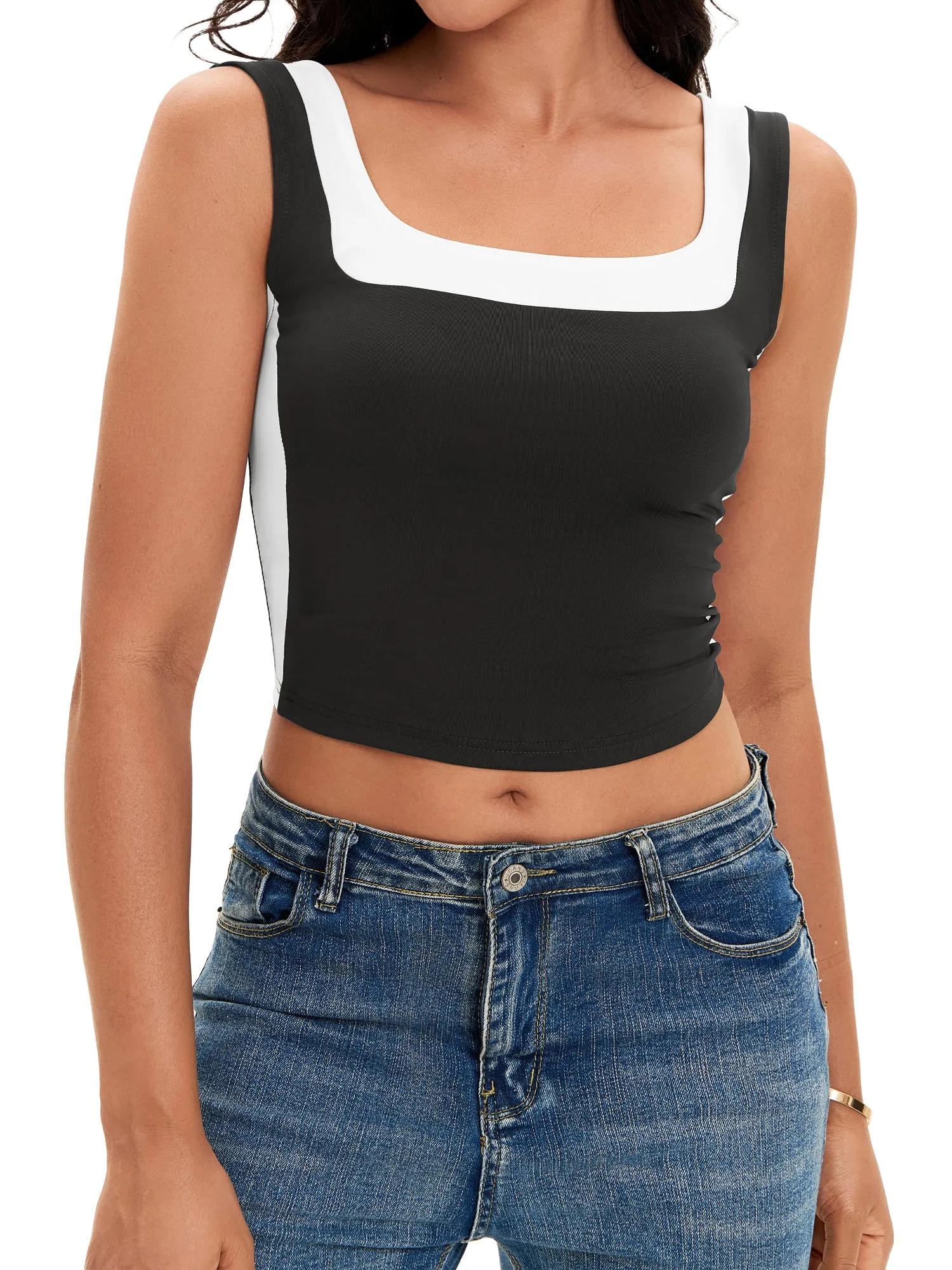 Onfers Color Block Tank for Women Sleeveless Square Neck Crop Tops Going Out Slim Fit Shirts