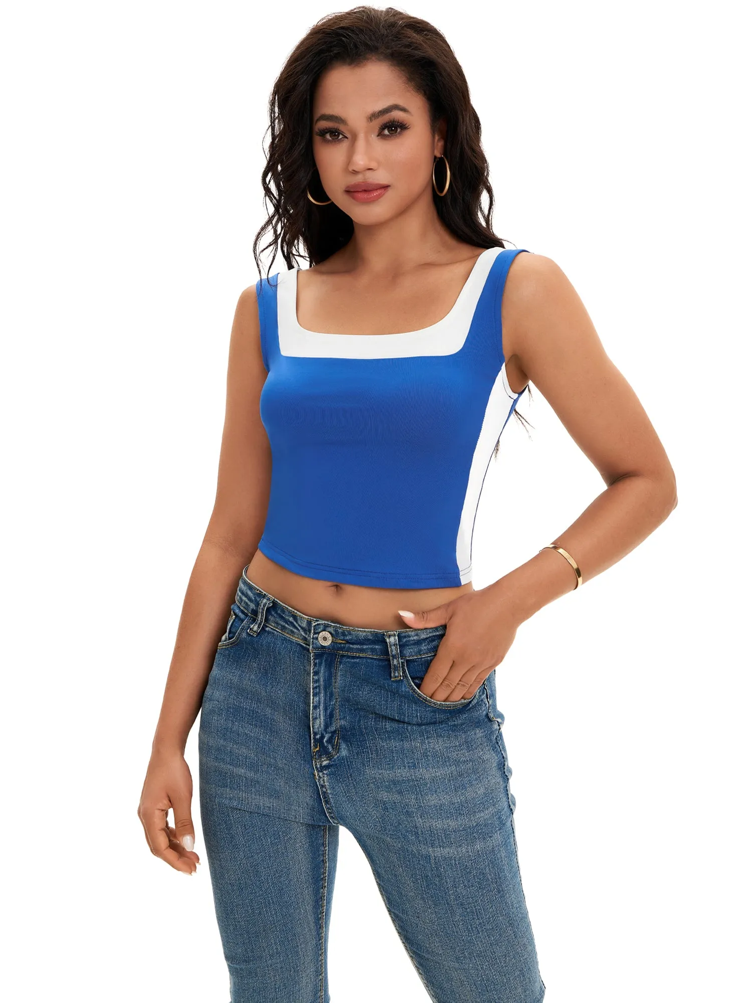 Onfers Color Block Tank for Women Sleeveless Square Neck Crop Tops Going Out Slim Fit Shirts
