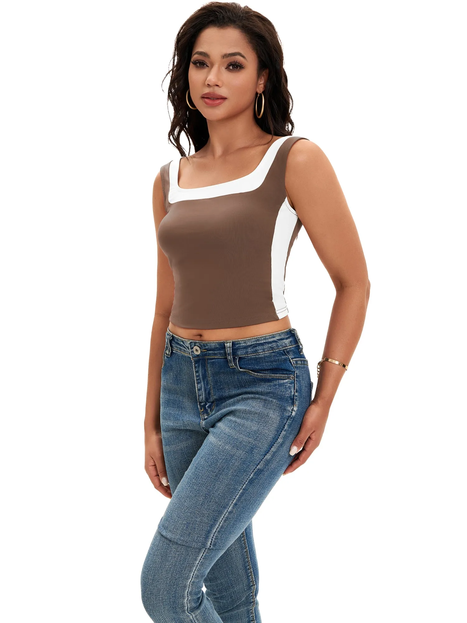 Onfers Color Block Tank for Women Sleeveless Square Neck Crop Tops Going Out Slim Fit Shirts