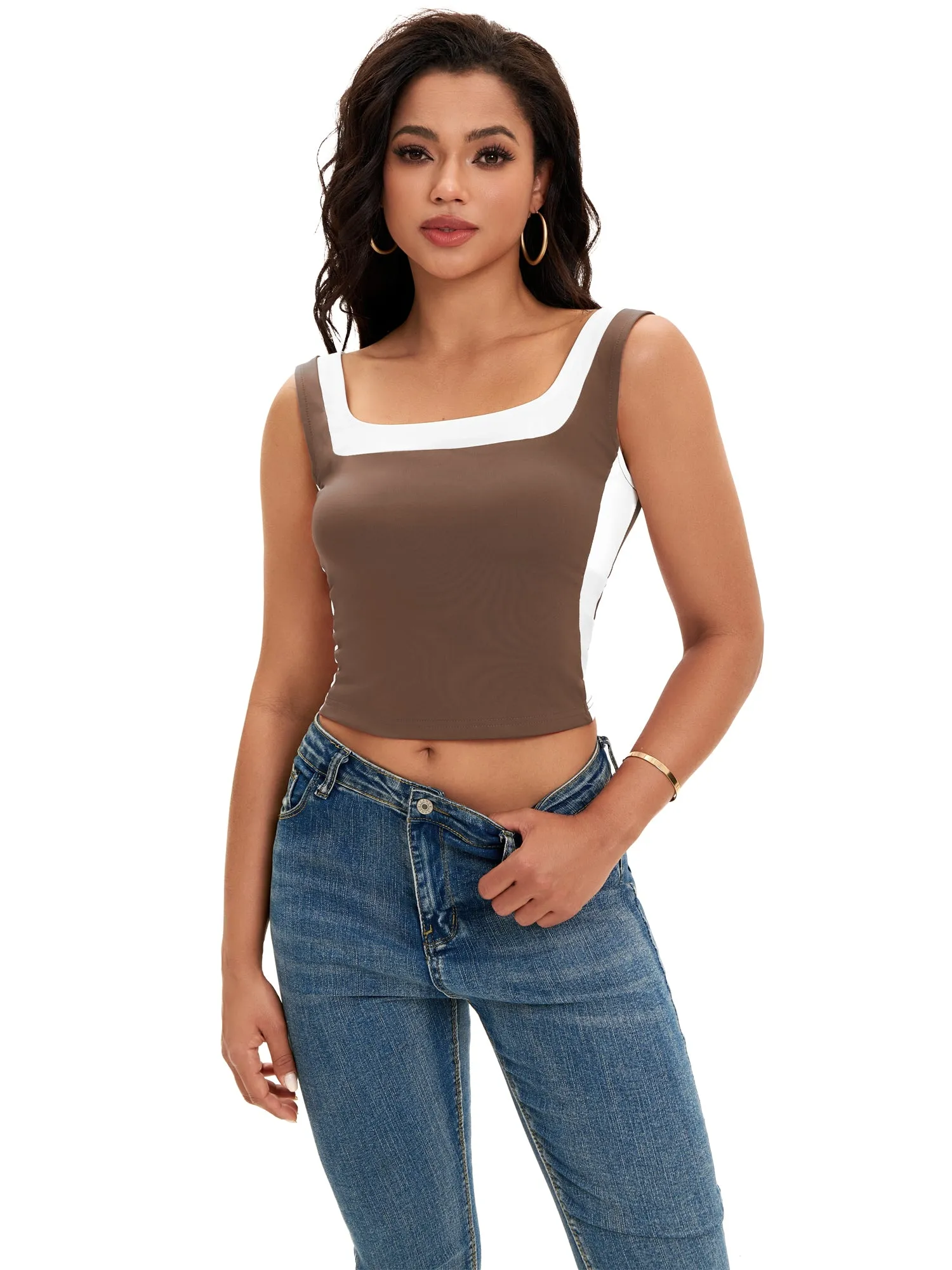 Onfers Color Block Tank for Women Sleeveless Square Neck Crop Tops Going Out Slim Fit Shirts