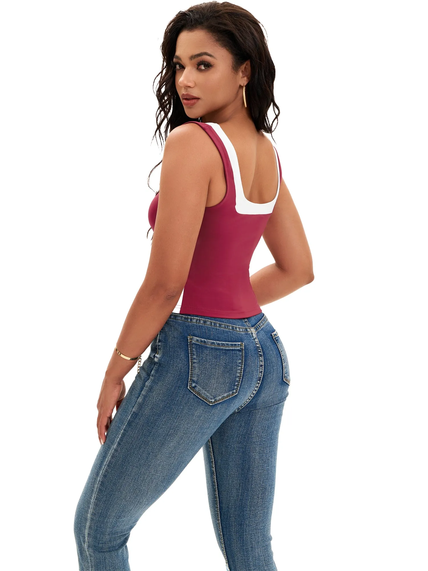 Onfers Color Block Tank for Women Sleeveless Square Neck Crop Tops Going Out Slim Fit Shirts