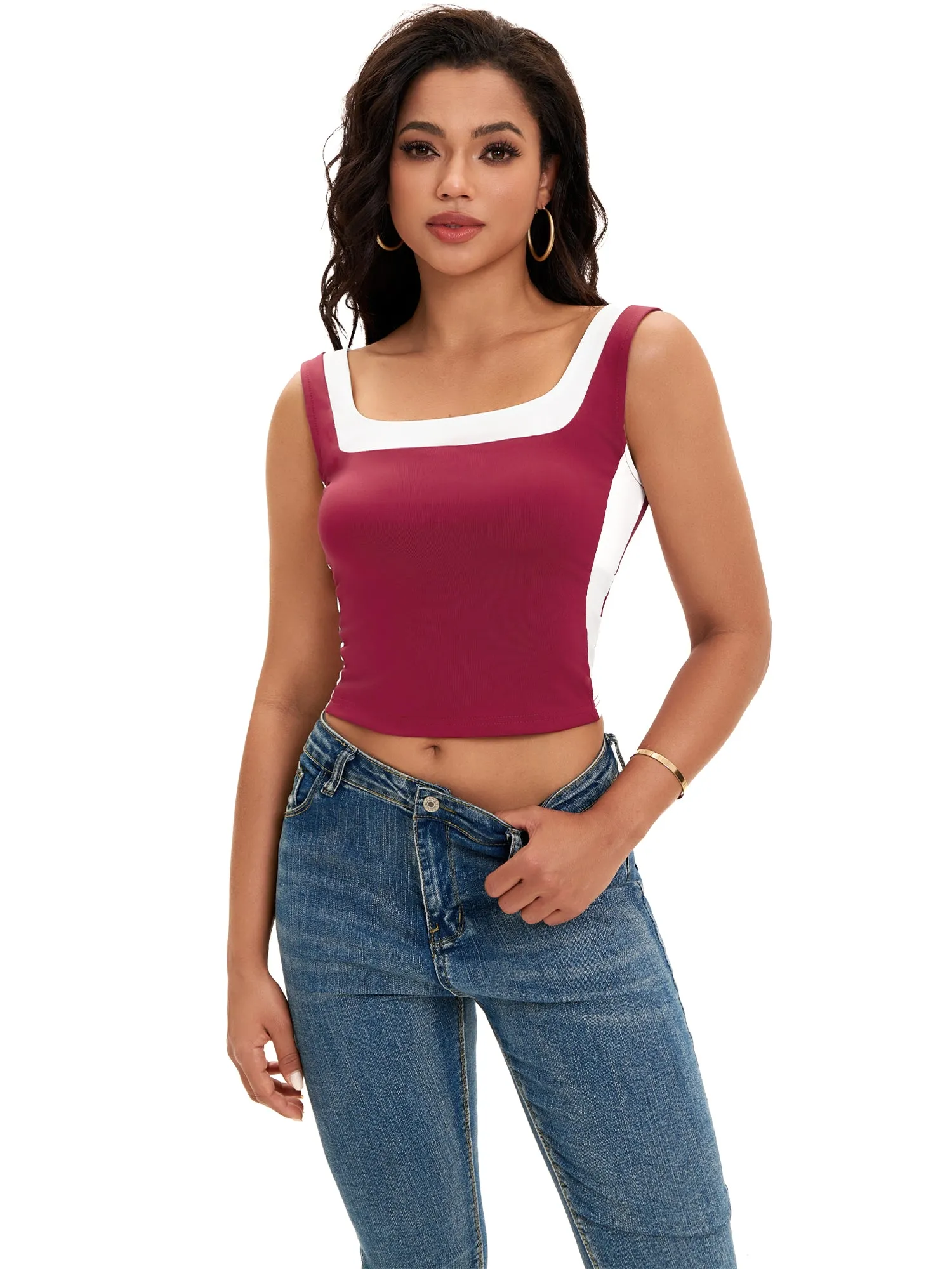 Onfers Color Block Tank for Women Sleeveless Square Neck Crop Tops Going Out Slim Fit Shirts