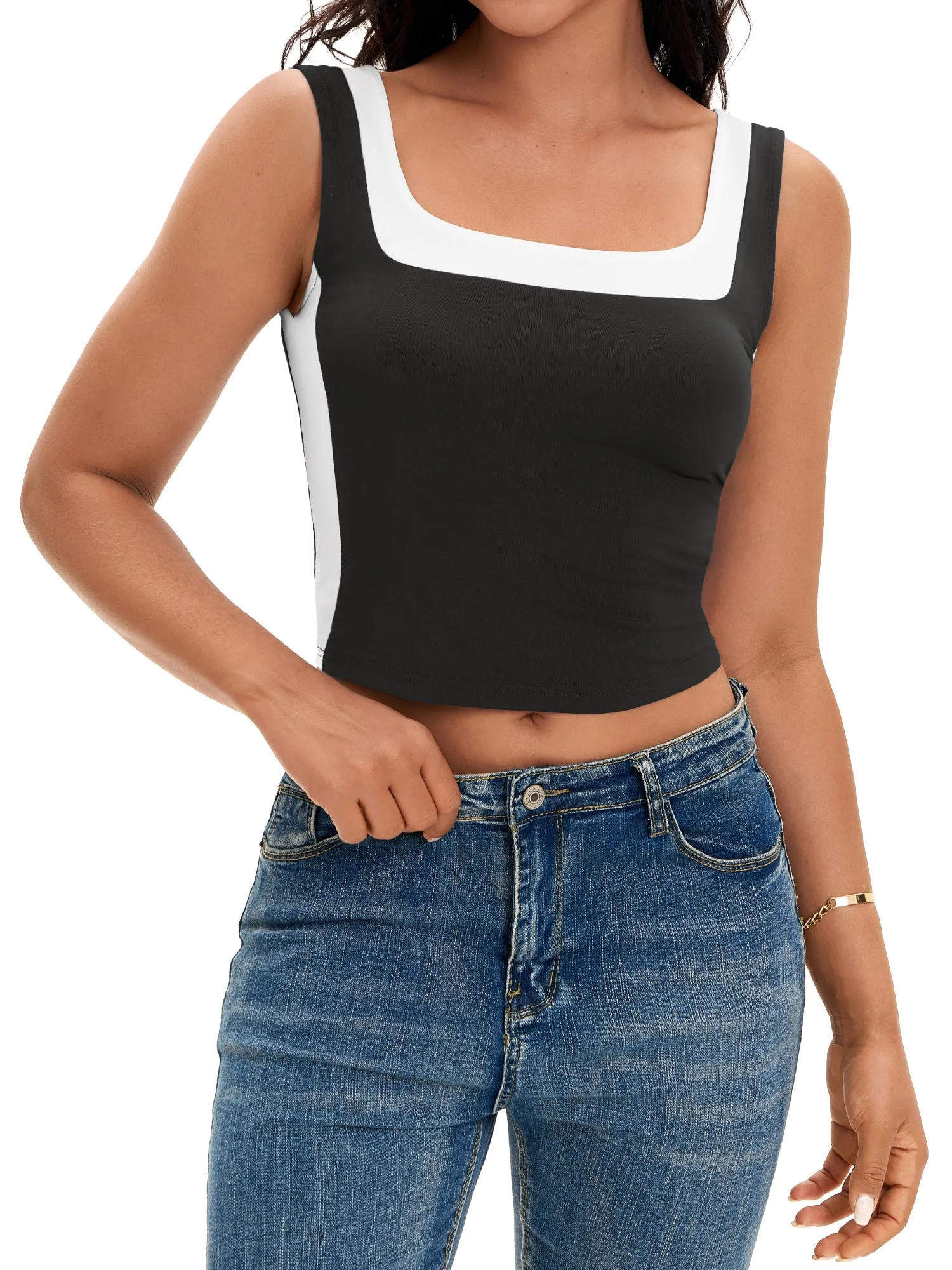 Onfers Color Block Tank for Women Sleeveless Square Neck Crop Tops Going Out Slim Fit Shirts