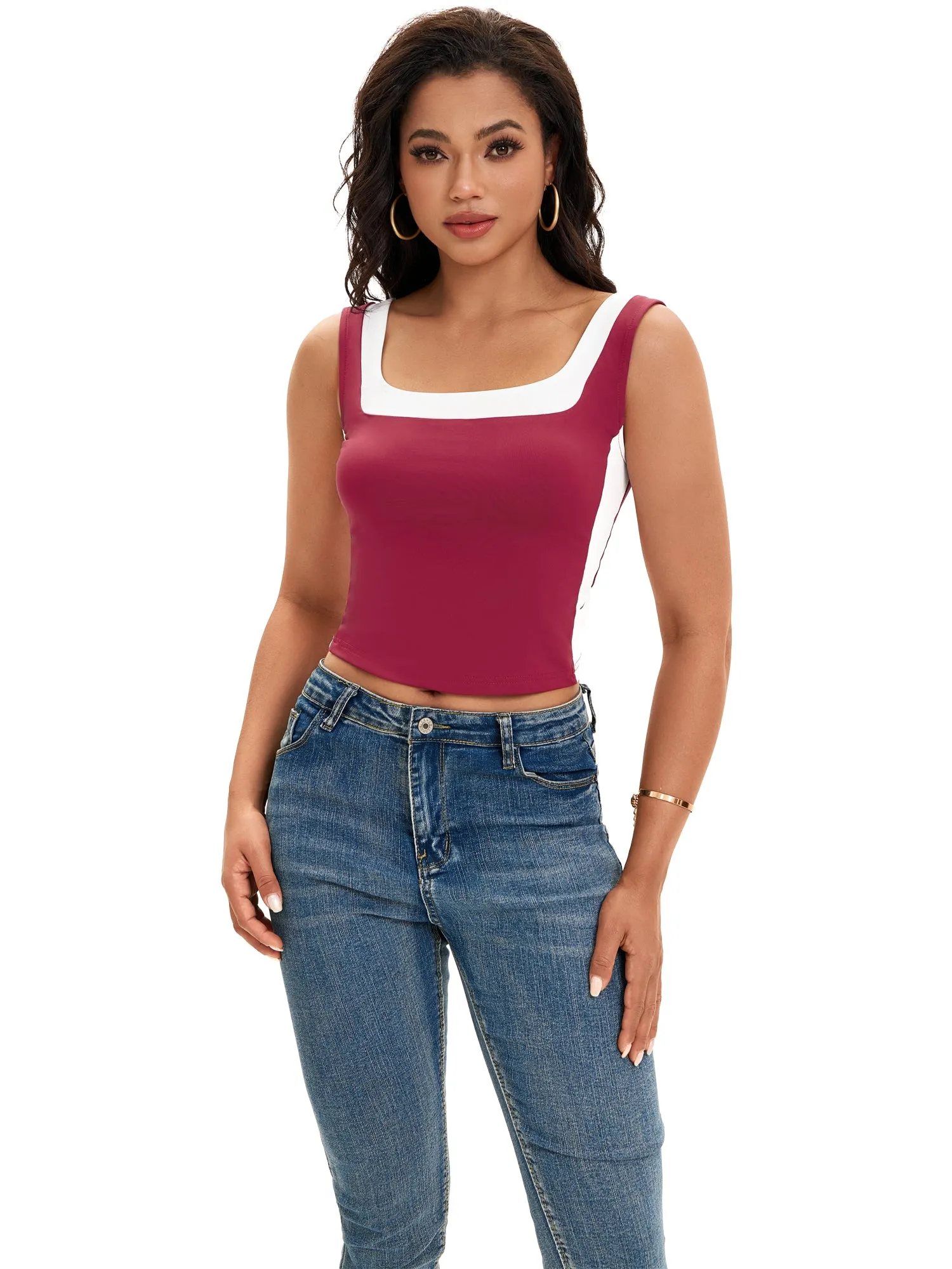 Onfers Color Block Tank for Women Sleeveless Square Neck Crop Tops Going Out Slim Fit Shirts