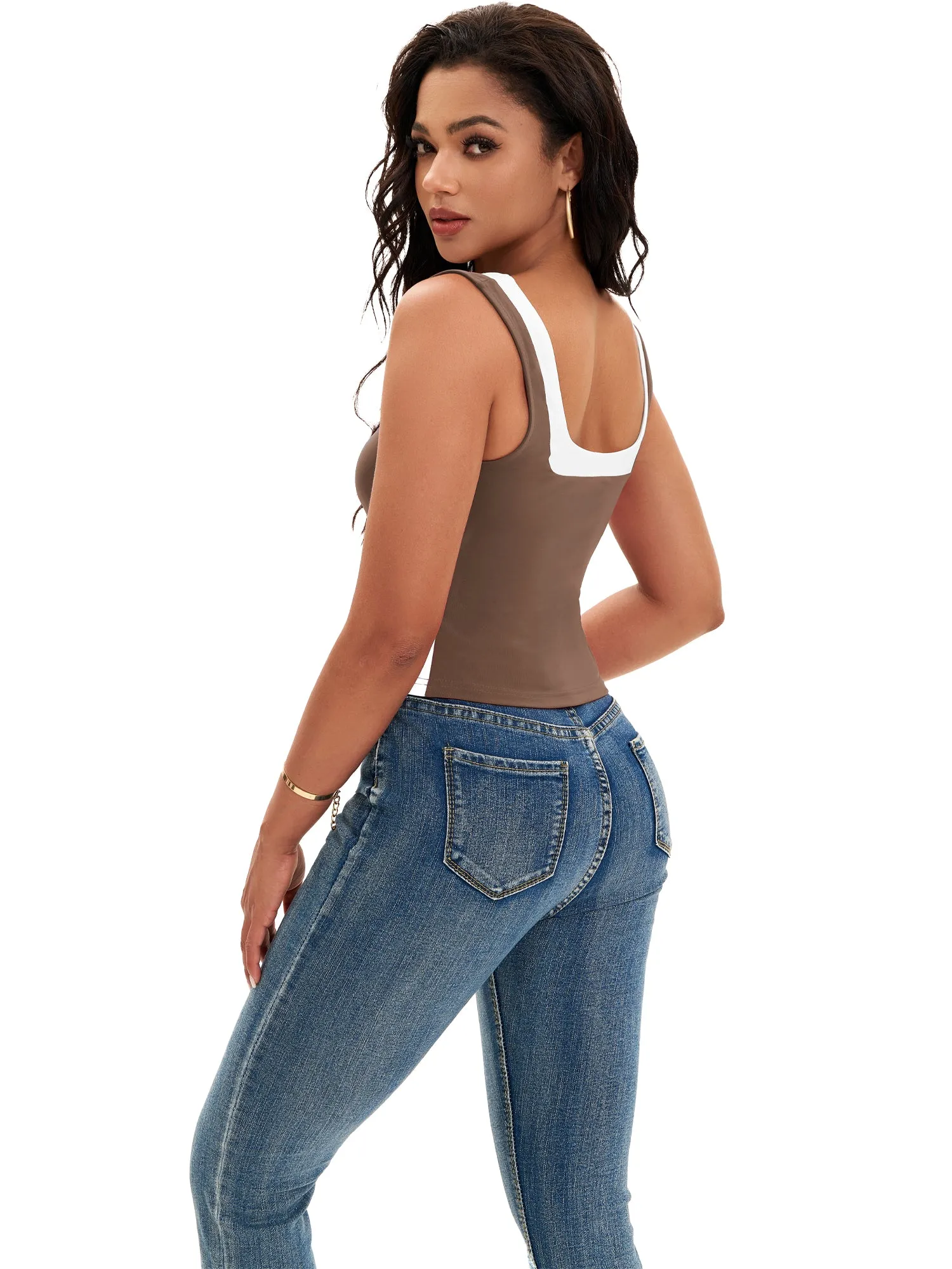 Onfers Color Block Tank for Women Sleeveless Square Neck Crop Tops Going Out Slim Fit Shirts