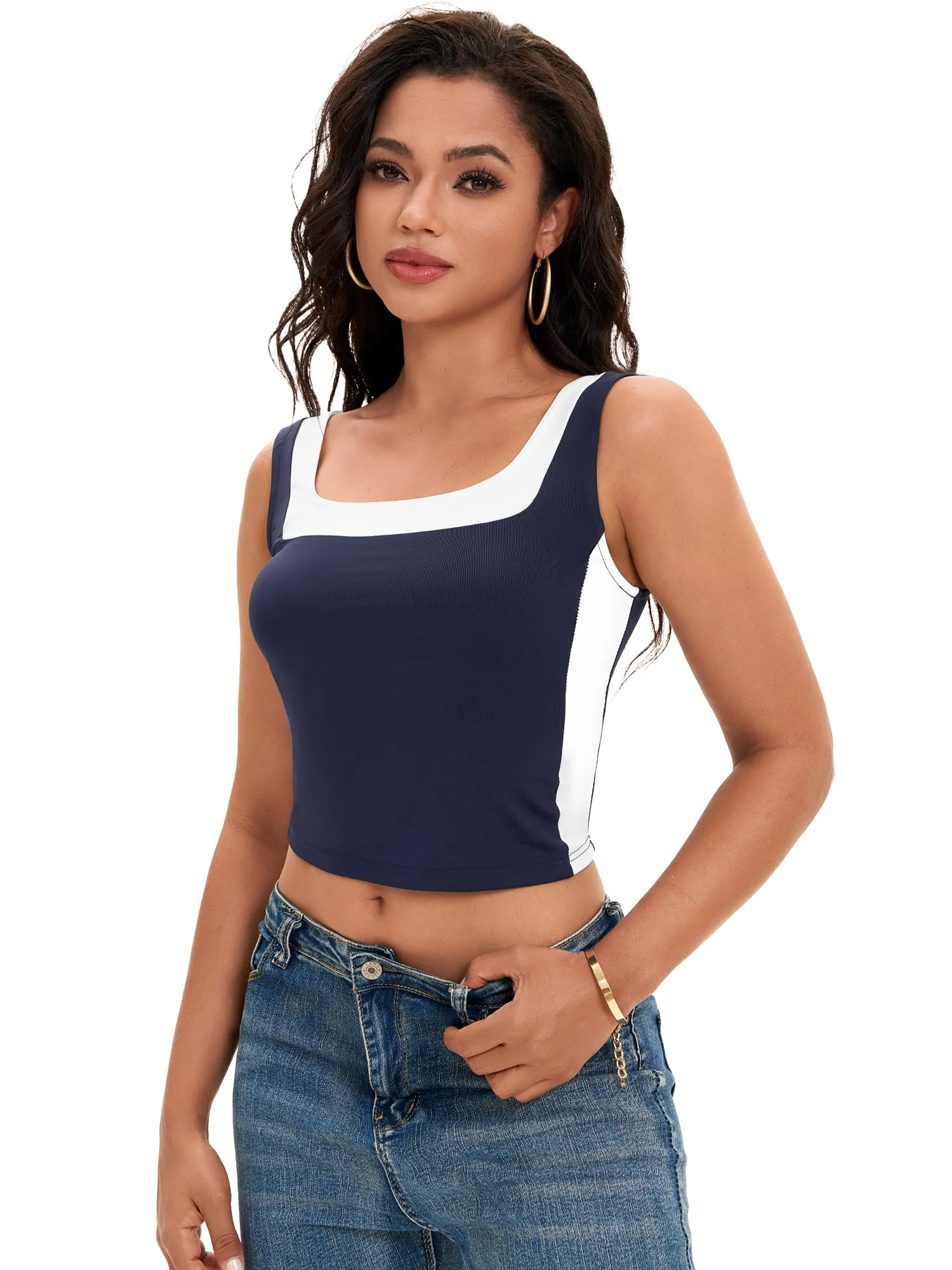 Onfers Color Block Tank for Women Sleeveless Square Neck Crop Tops Going Out Slim Fit Shirts