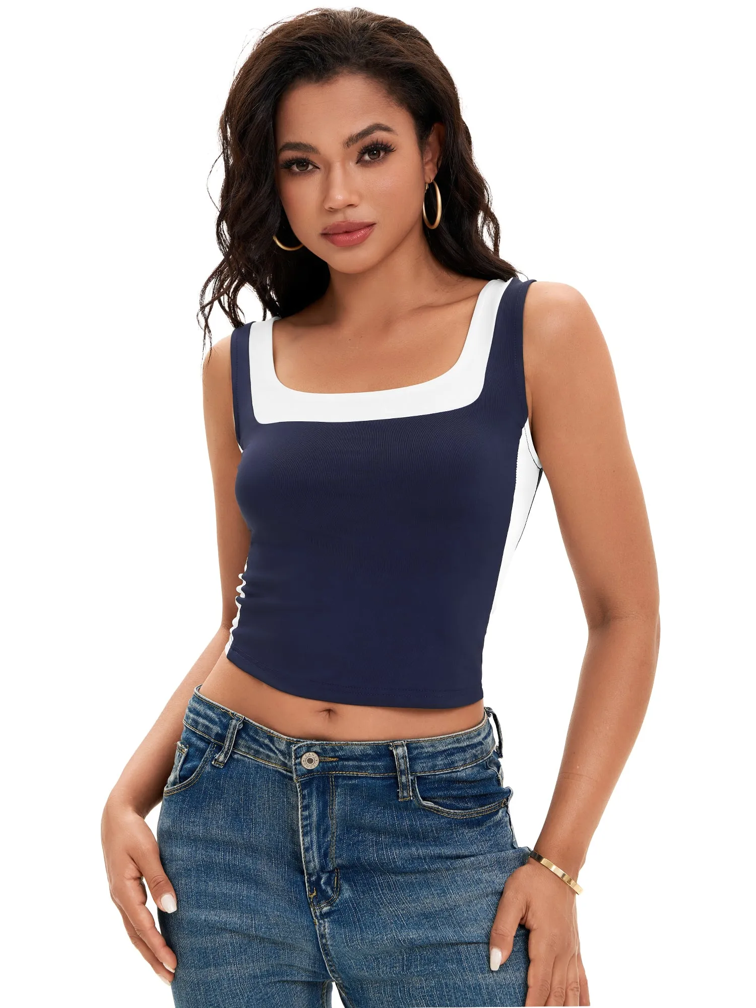Onfers Color Block Tank for Women Sleeveless Square Neck Crop Tops Going Out Slim Fit Shirts