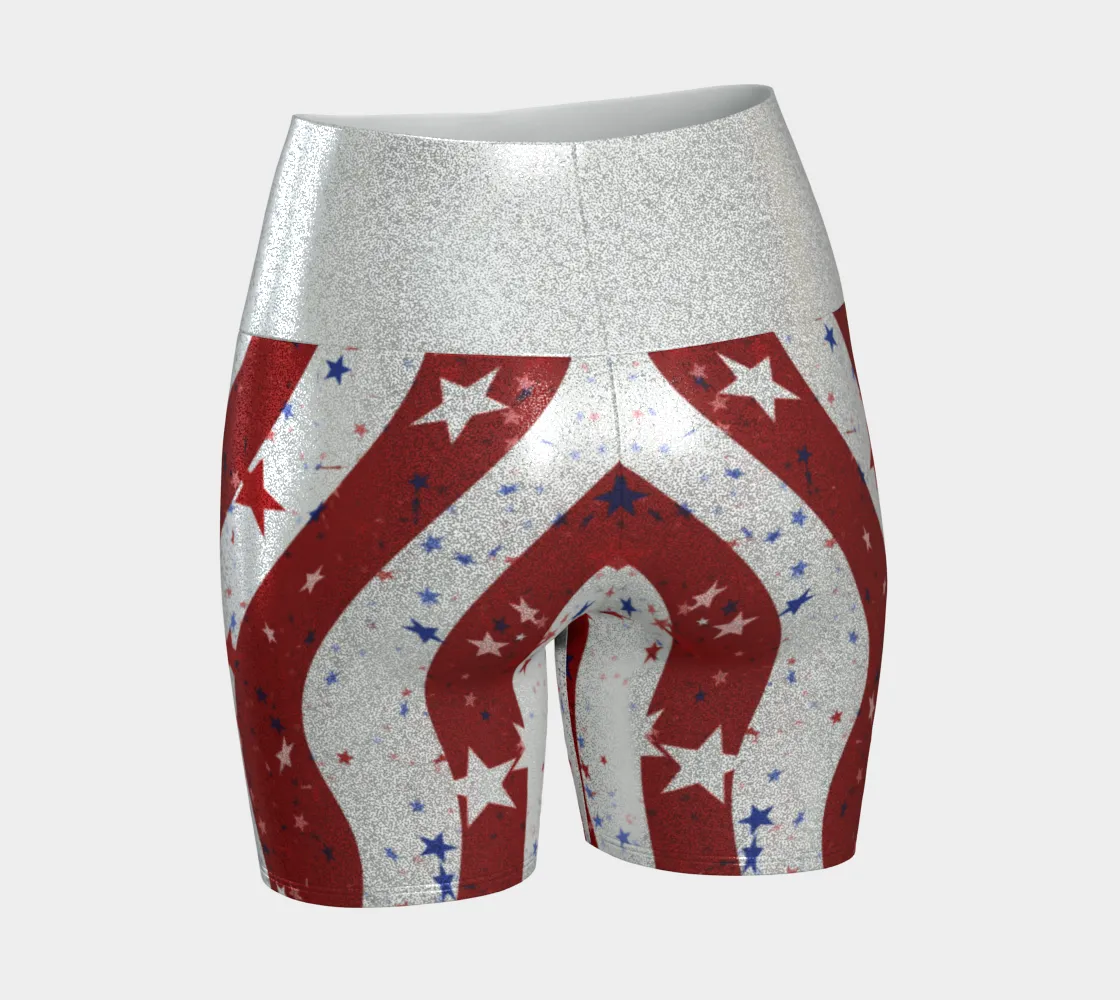 Stars & Stripes Sparkle: American Flag Glitter Yoga Shorts