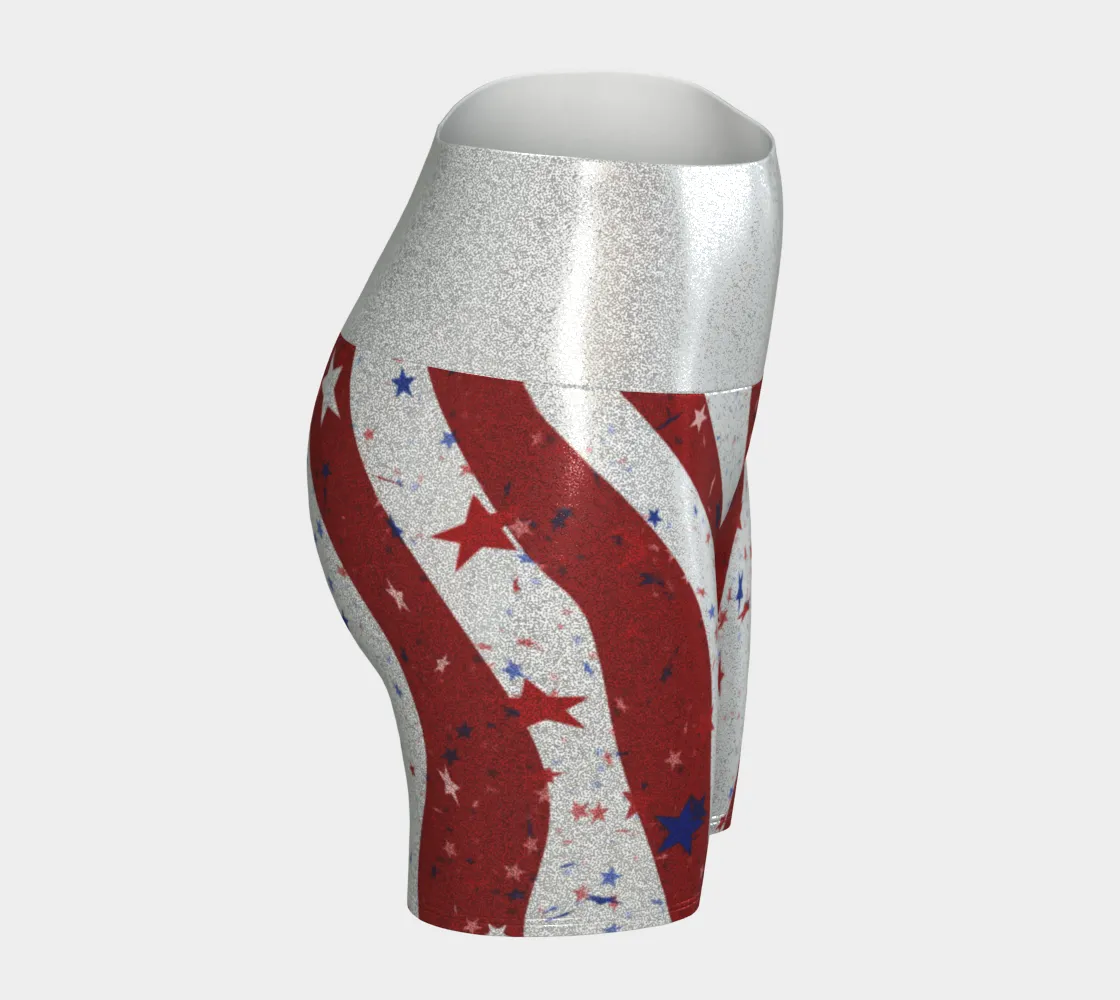 Stars & Stripes Sparkle: American Flag Glitter Yoga Shorts