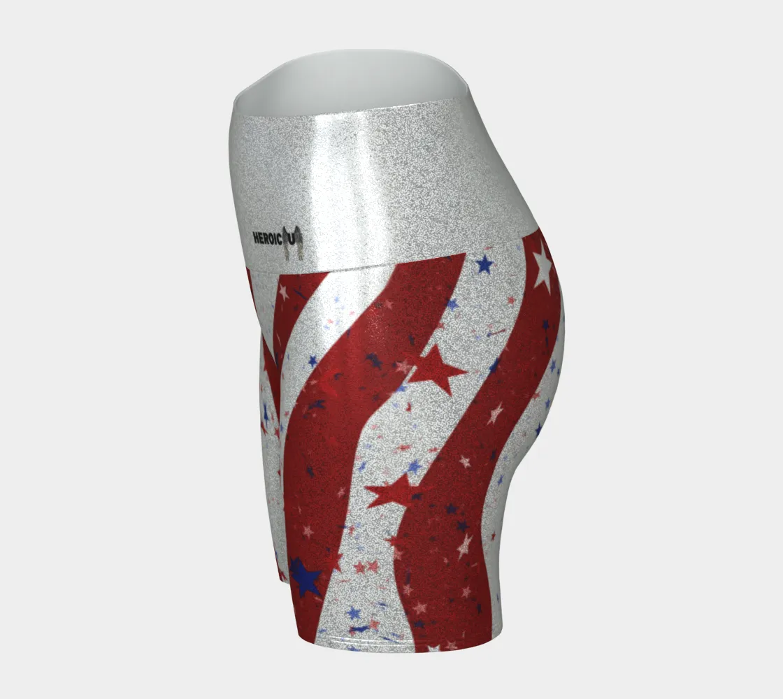 Stars & Stripes Sparkle: American Flag Glitter Yoga Shorts